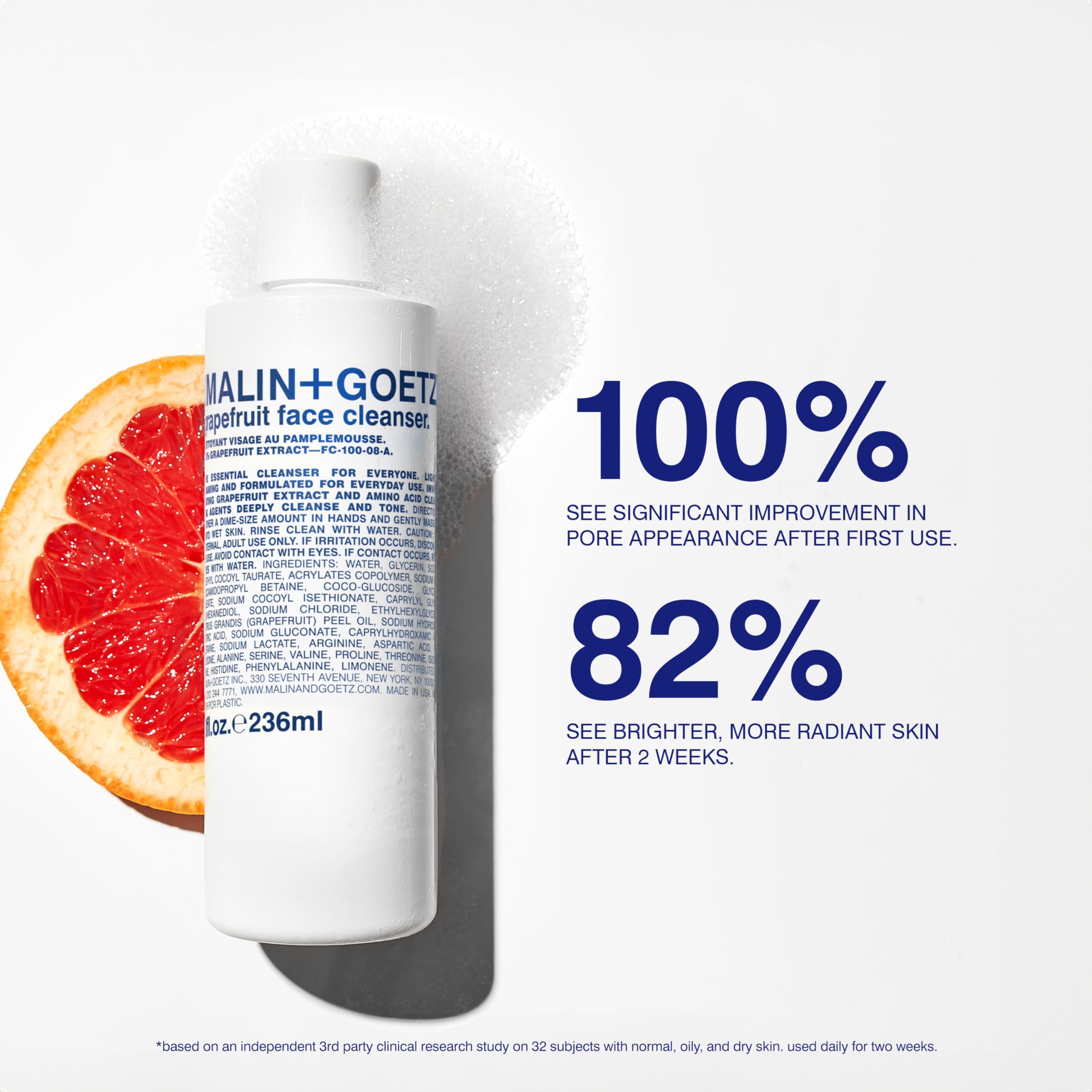 MALIN+GOETZ amino acids illustration shows hydrating cleansing balance.