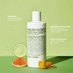 MALIN+GOETZ bergamot hand body wash lather demonstrates gentle cleansing