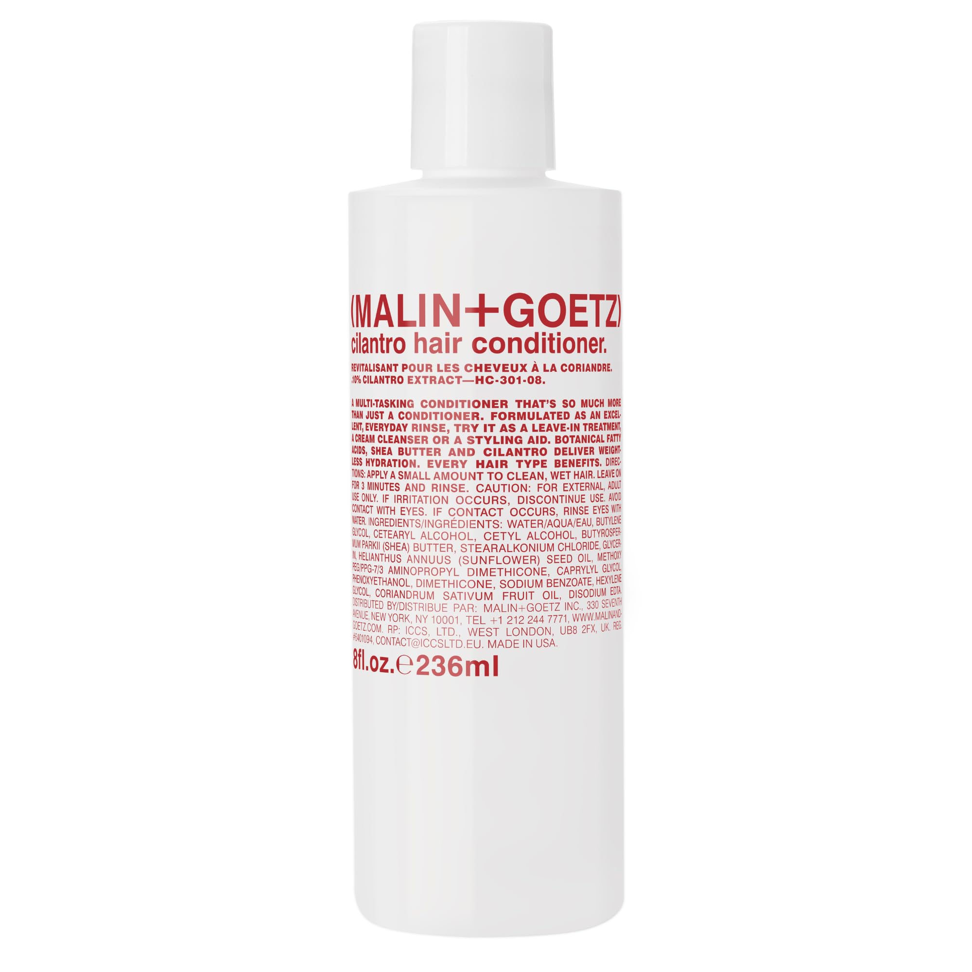 Malin + Goetz cilantro conditioner bottle close shows lightweight hydration for all hair types