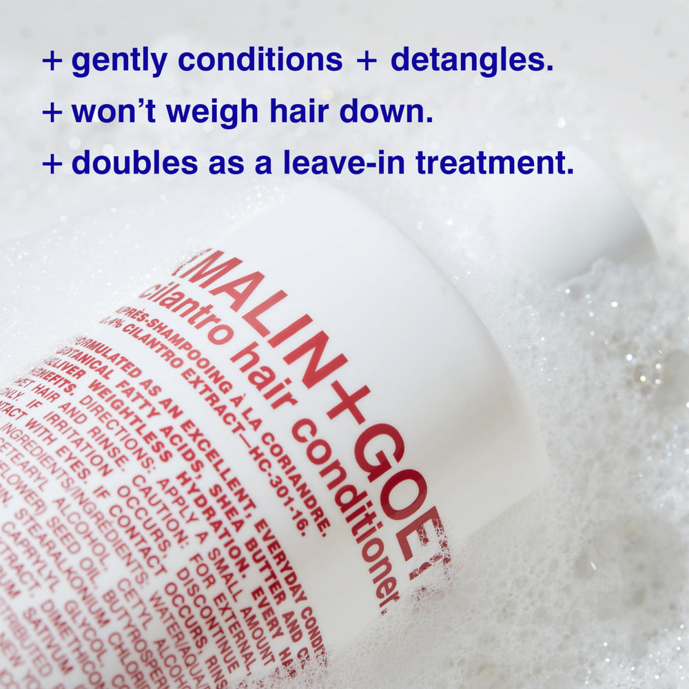Malin + Goetz cilantro conditioner application demonstrates easy distribution through damp hair