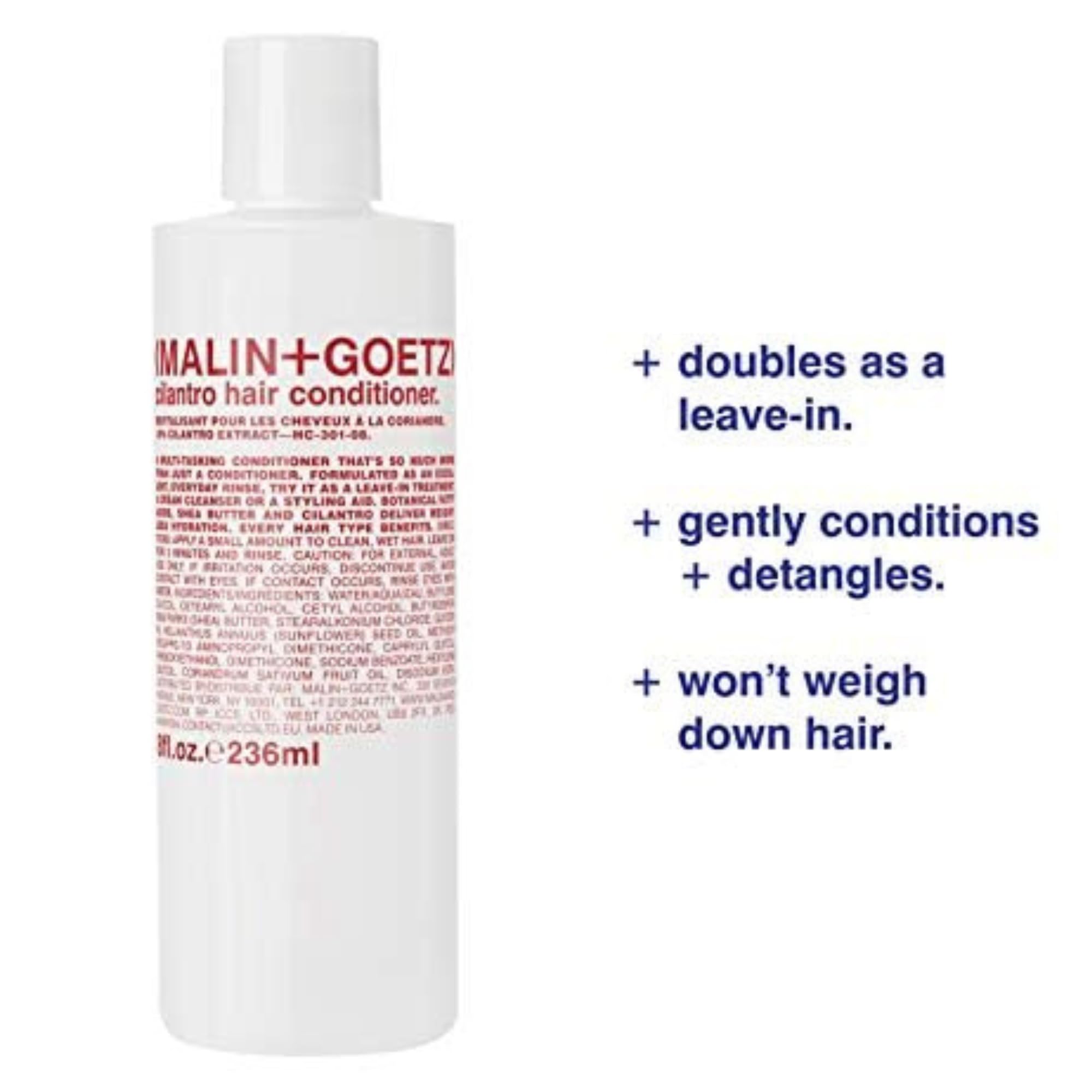 Malin + Goetz cilantro conditioner label detail highlights cilantro extract and natural ingredients