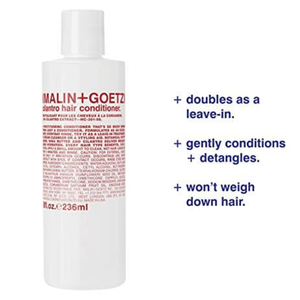 Malin + Goetz cilantro conditioner label detail highlights cilantro extract and natural ingredients
