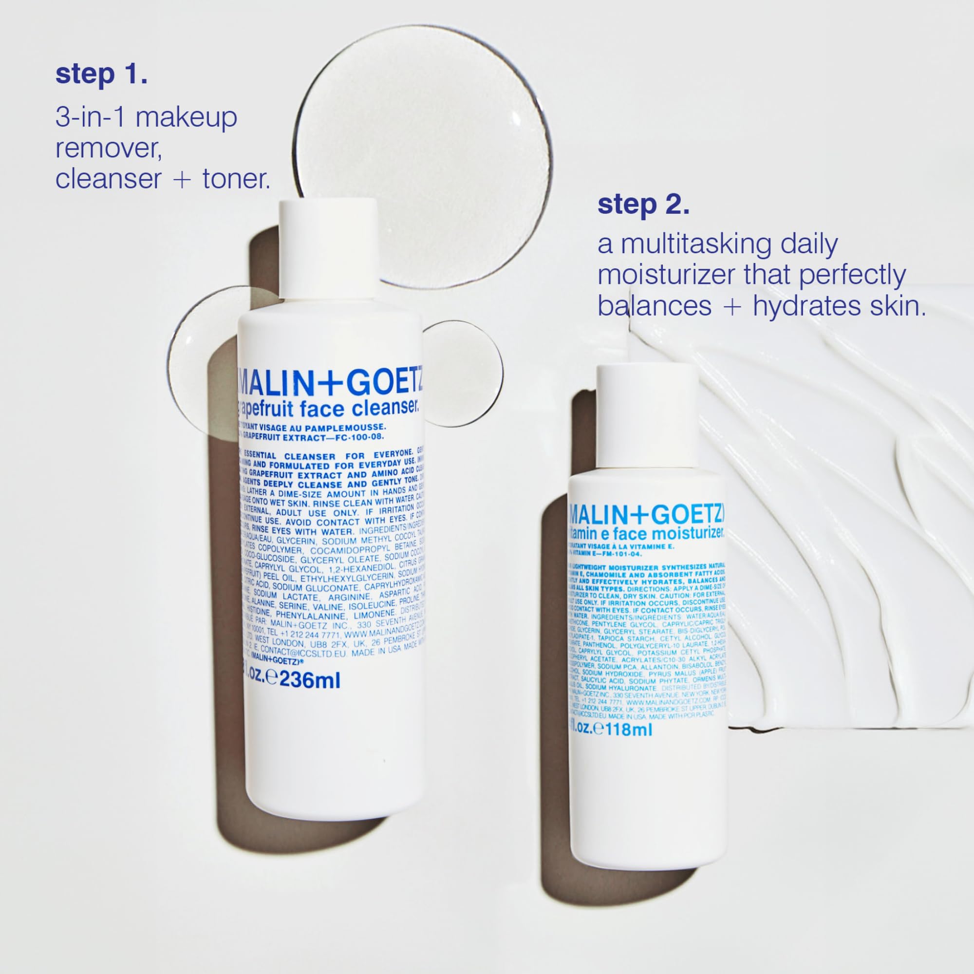 MALIN+GOETZ cleanser shown with water for makeup removal and refreshing skin.