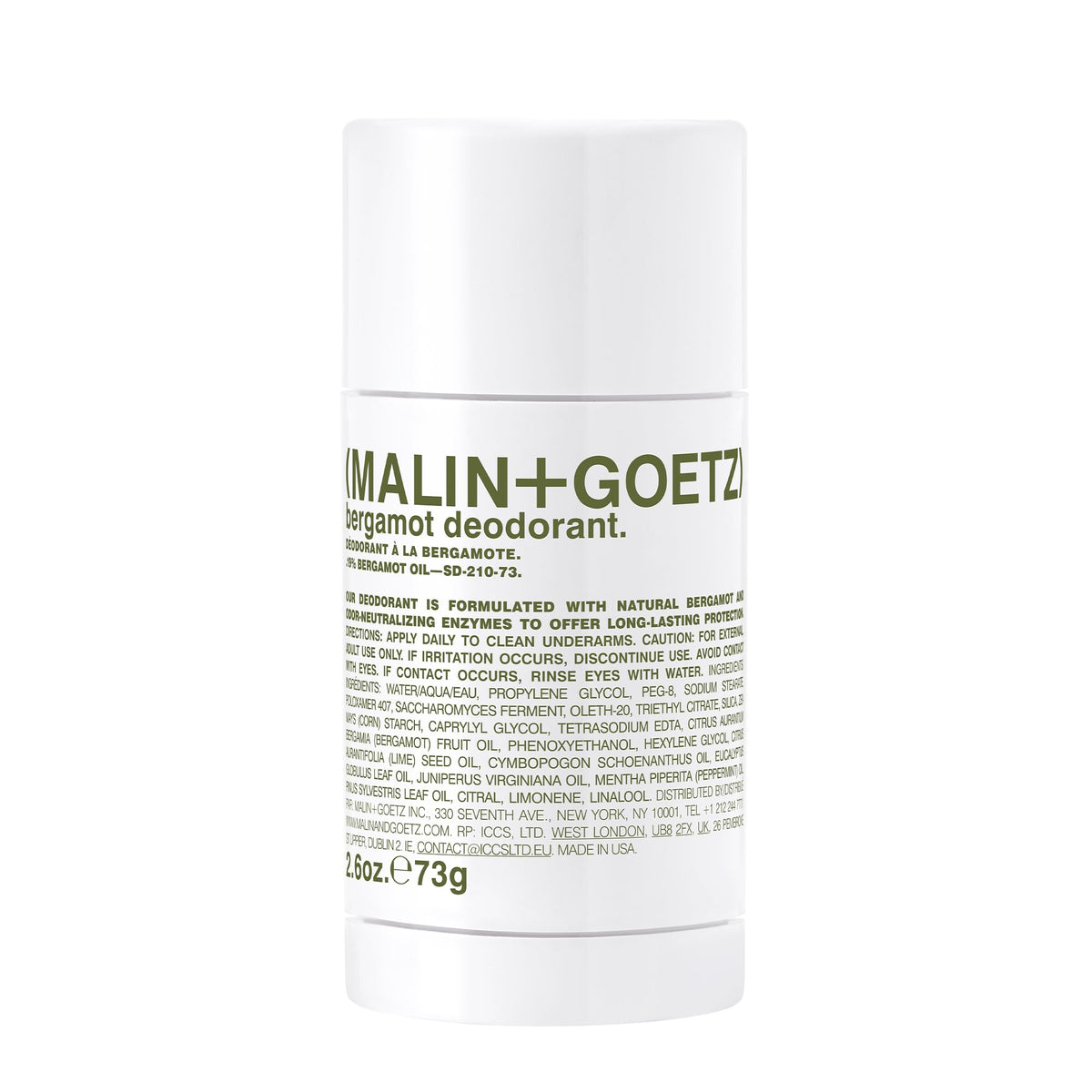 Desodorante MALIN+GOETZ Bergamot en botella, aroma cítrico y protección diaria.