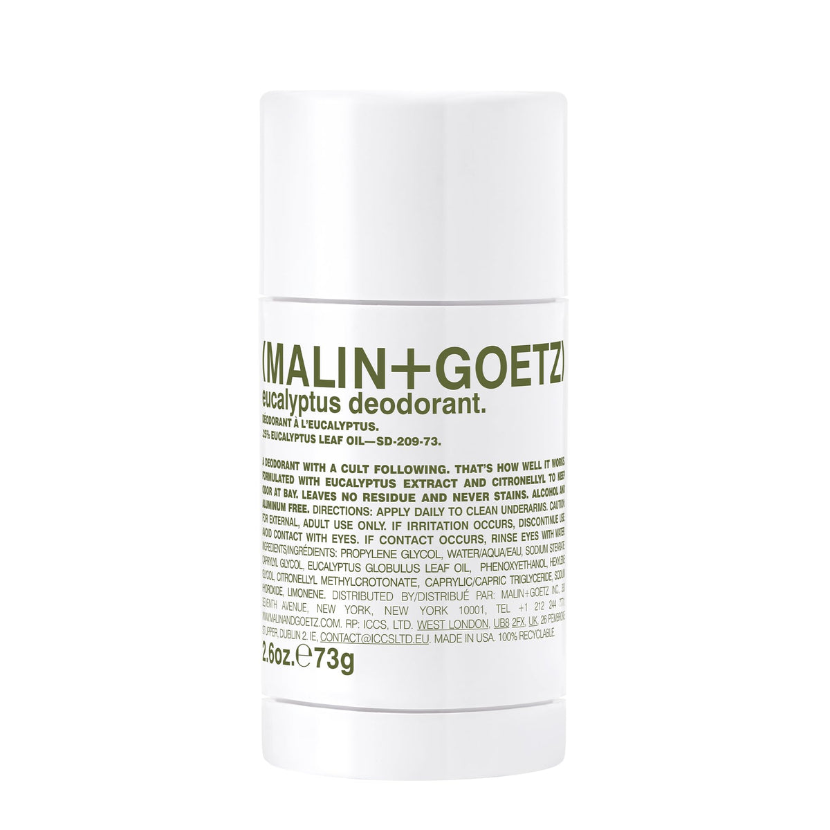 MALIN+GOETZ eucalyptus deodorant packaging shows aluminum free formula.