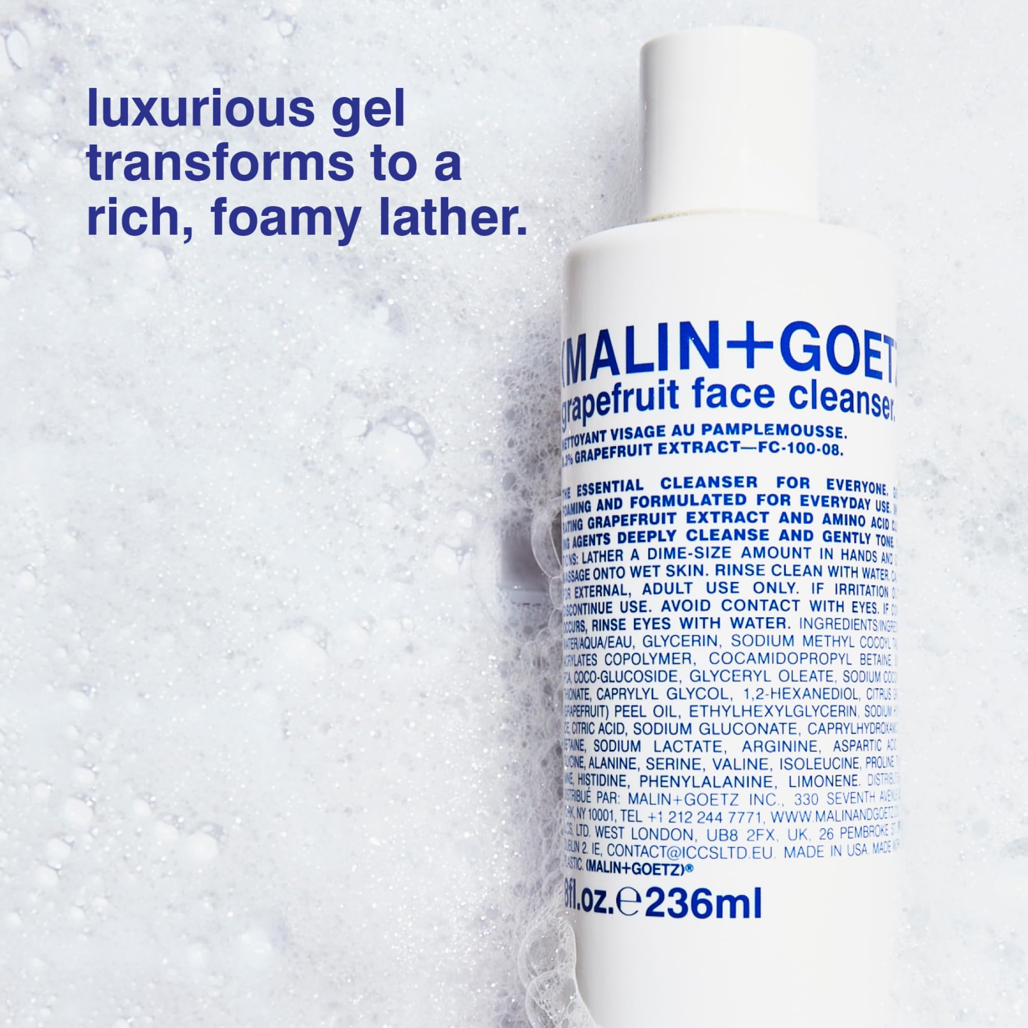 MALIN+GOETZ grapefruit extract highlighting vitamin-rich formula for brightness.