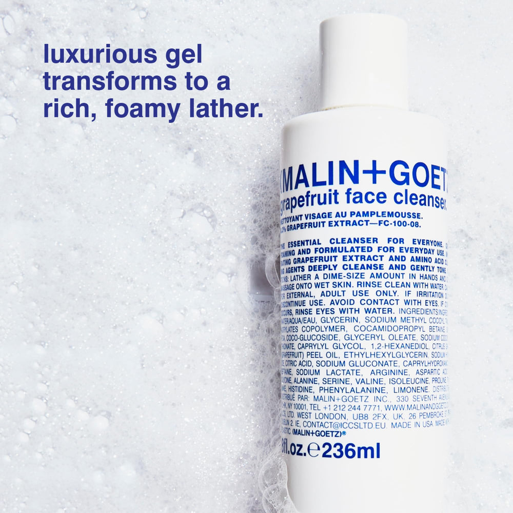 MALIN+GOETZ grapefruit extract highlighting vitamin-rich formula for brightness.
