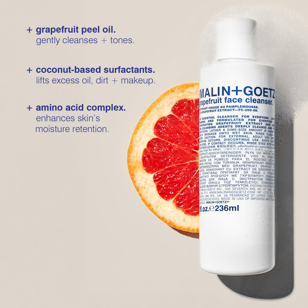 MALIN+GOETZ grapefruit foaming gel lather for quick, efficient cleansing.
