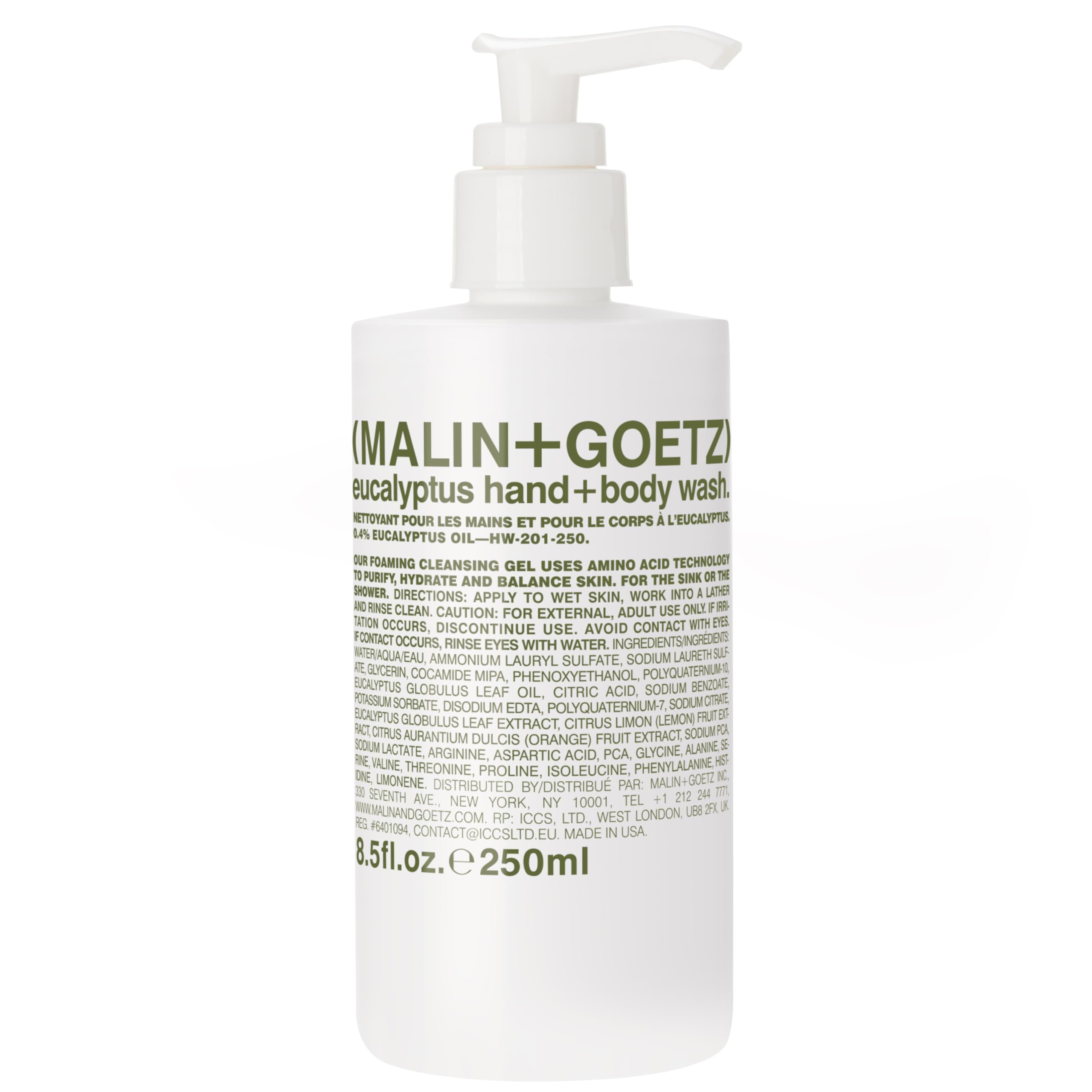 Malin+Goetz hand and body wash foaming pump delivers refreshing cleansing for daily use.