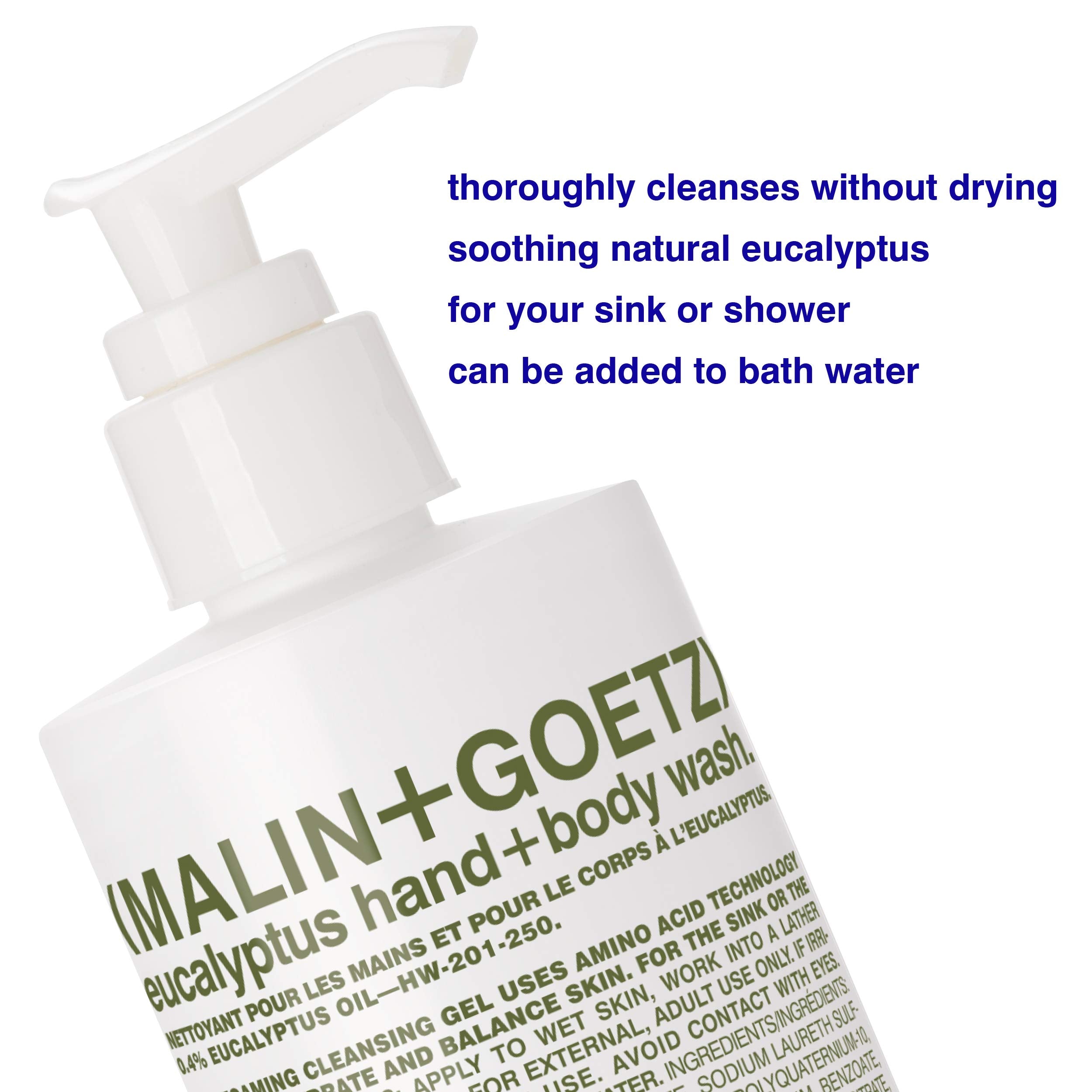 Malin+Goetz hand and body wash foaming lather provides balanced hydration for skin.