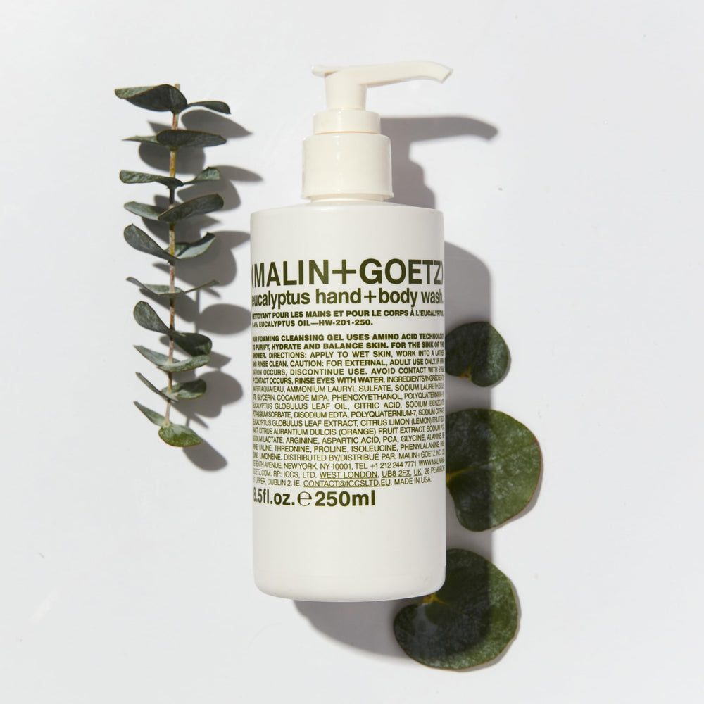 Malin+Goetz hand and body wash ingredients with eucalyptus offer a refreshing cleanse.