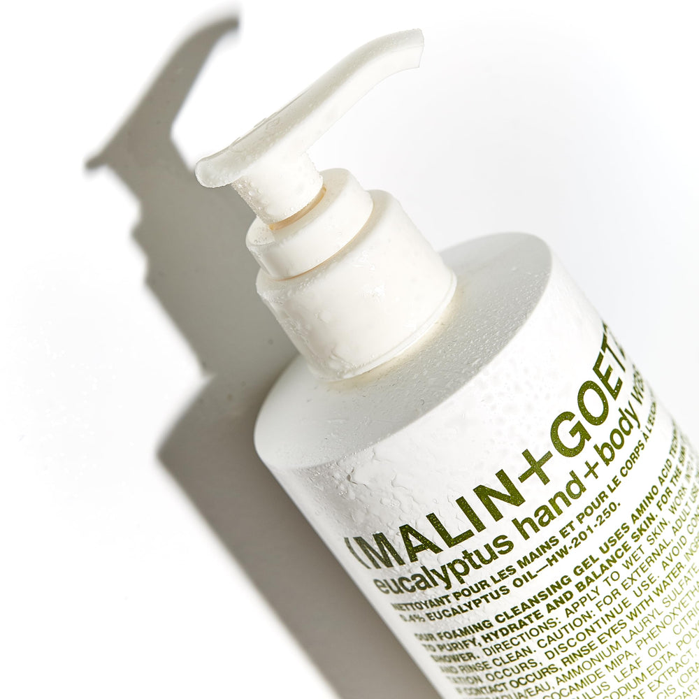 Malin+Goetz pump action captures easy, aromatic foam for shower routines.