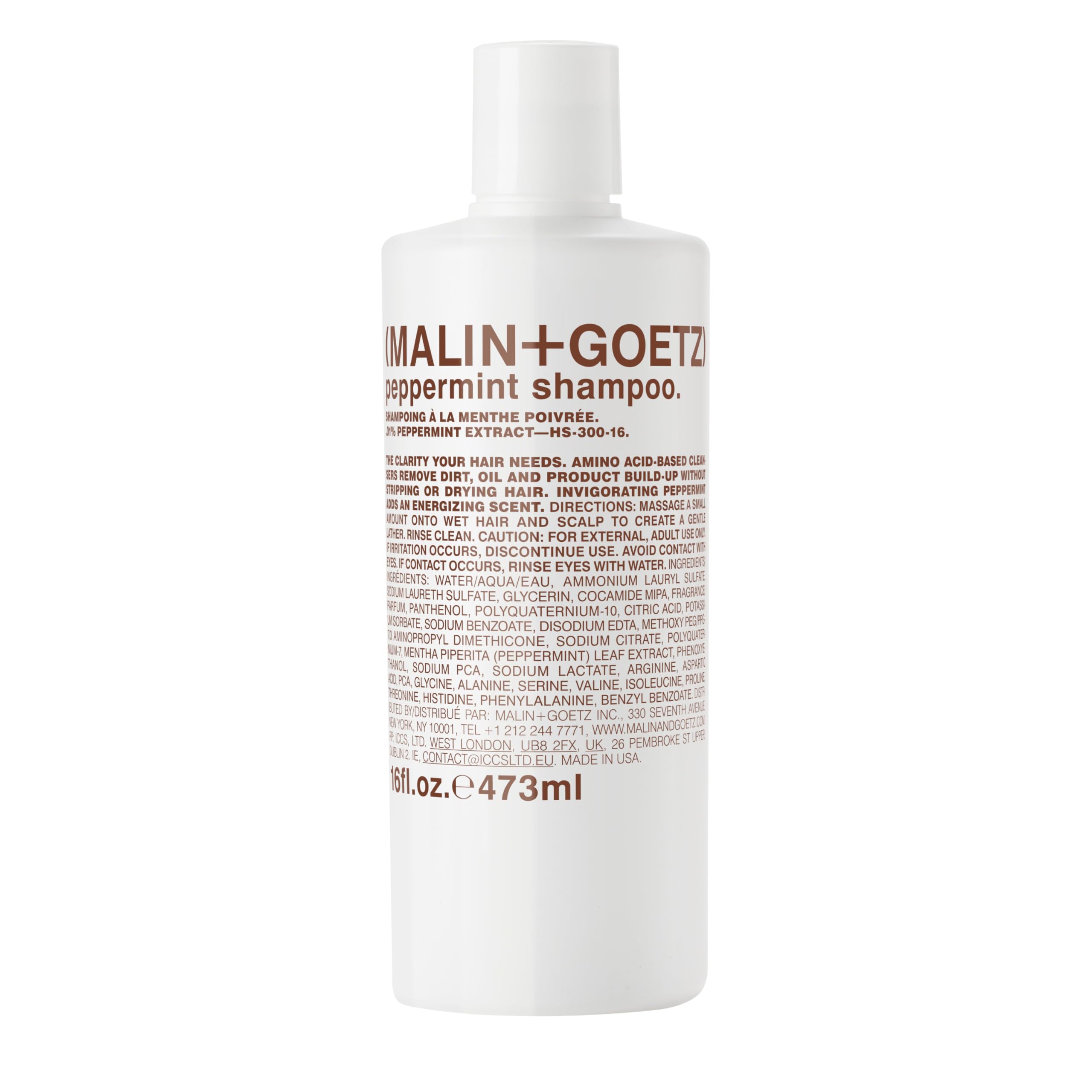 MALIN+GOETZ peppermint shampoo bottle for refreshing daily scalp cleanse.