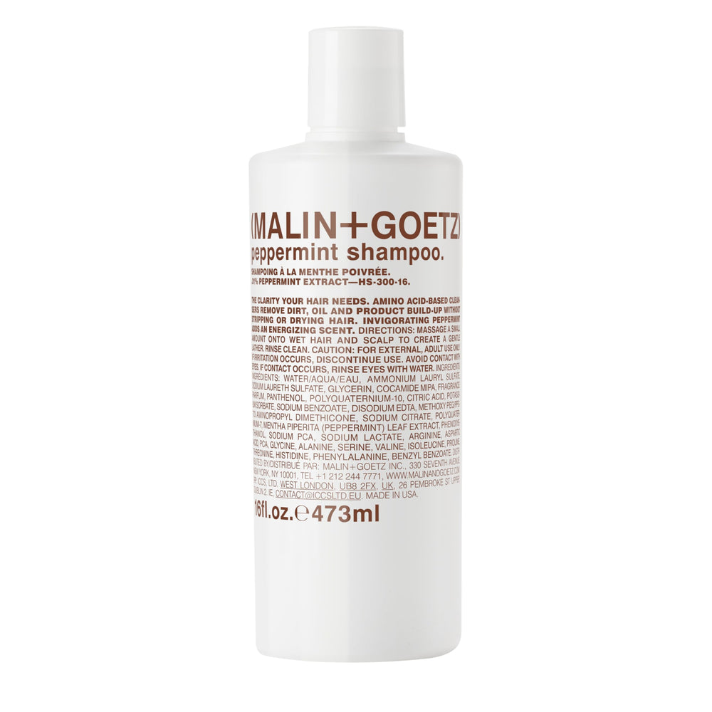MALIN+GOETZ peppermint shampoo bottle for refreshing daily scalp cleanse.