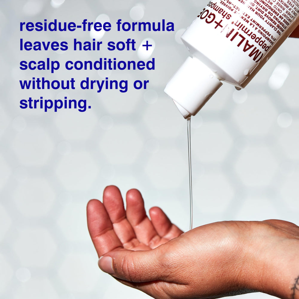 MALIN+GOETZ peppermint shampoo with coconut-derived surfactants provides gentle cleansing.