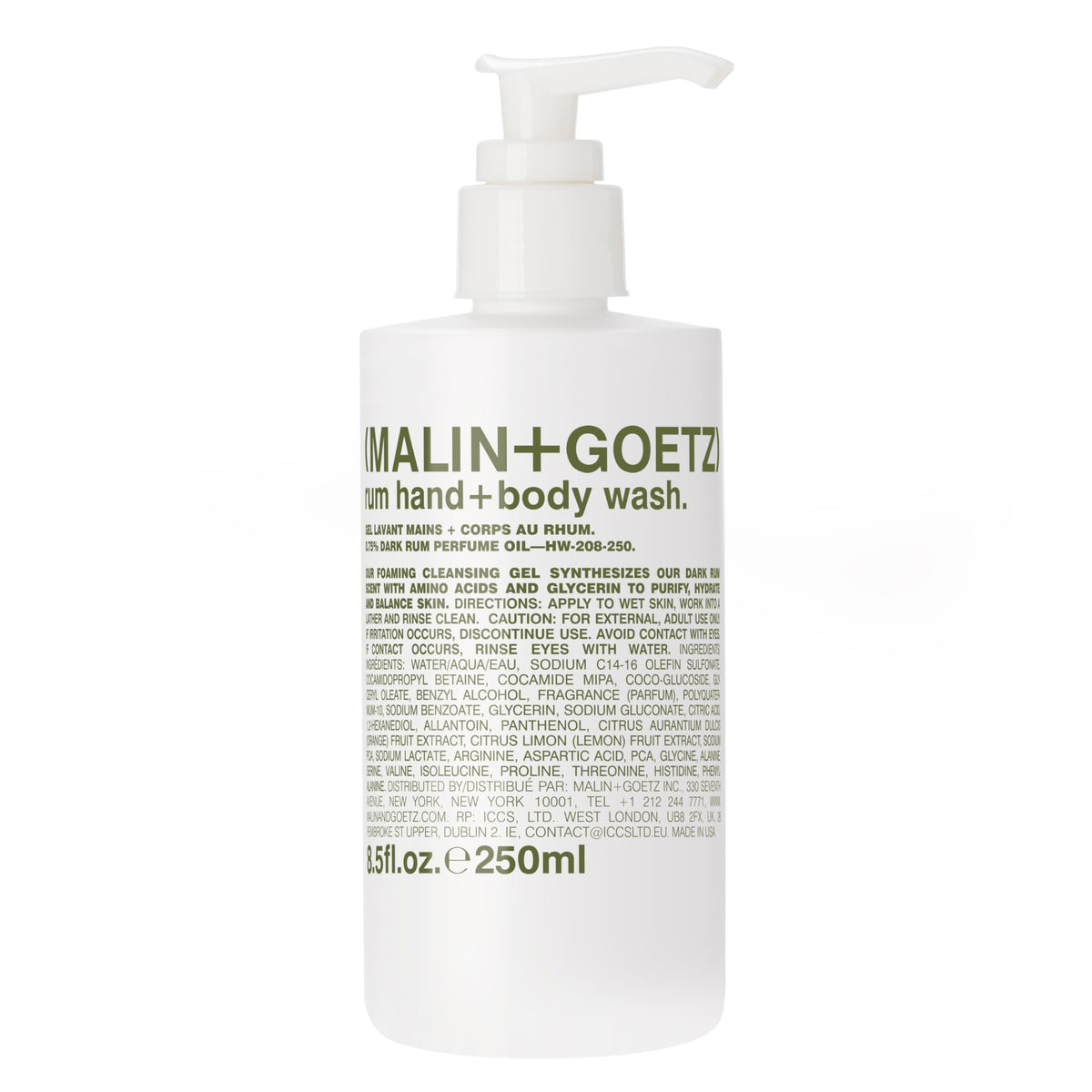 MALIN+GOETZ Rum Hand + Body Wash bottle in sleek packaging for everyday cleansing.