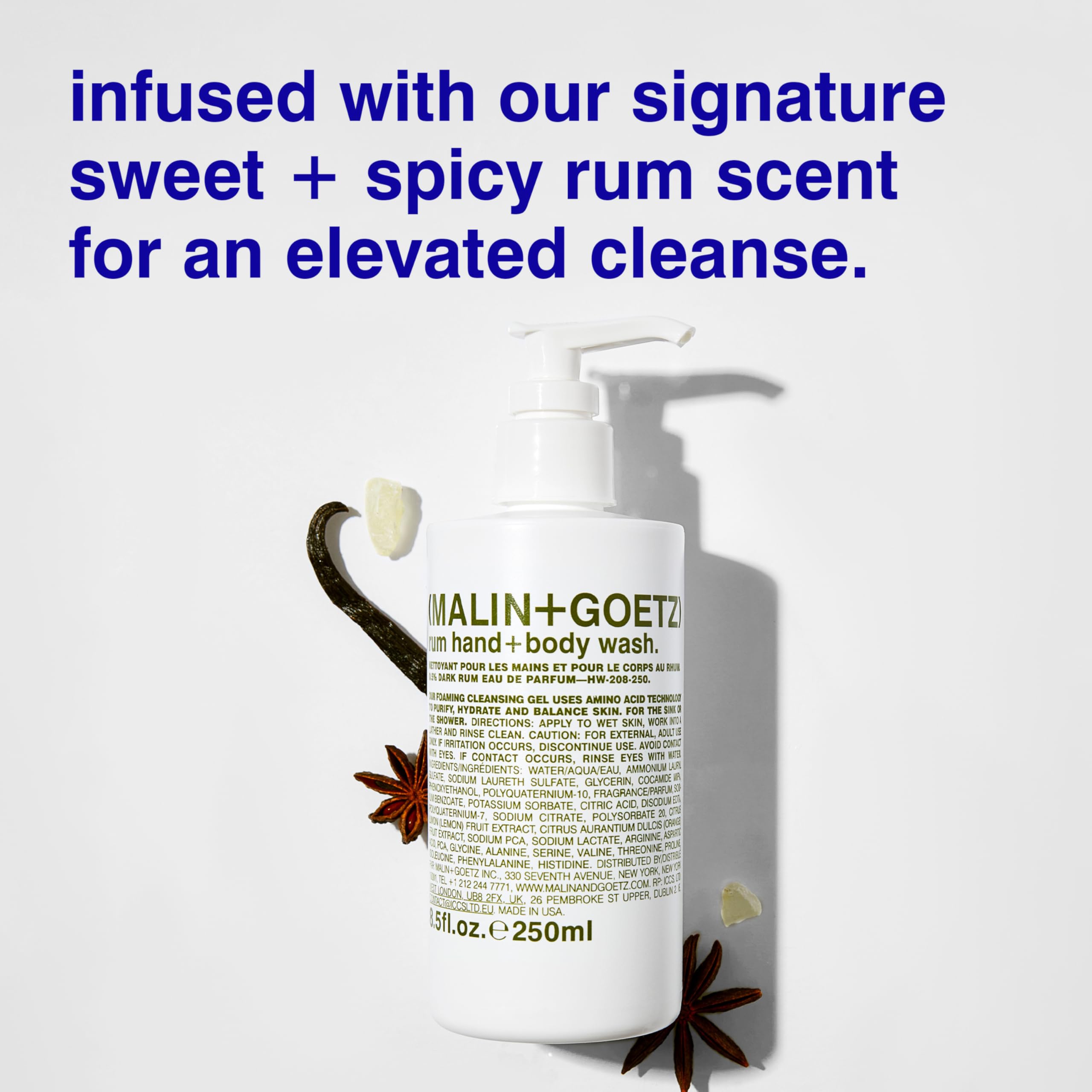 MALIN+GOETZ Rum Hand + Body Wash foam lather delivers a rich cleanse.