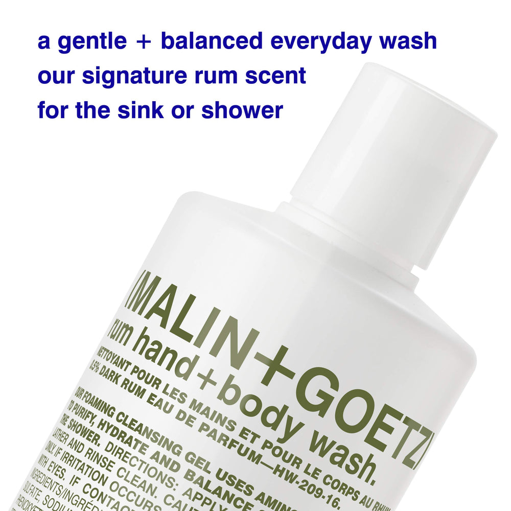 MALIN+GOETZ Rum Hand + Body Wash foam pump showing rich lather