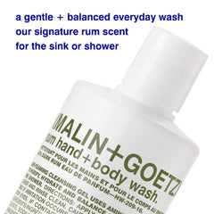 MALIN+GOETZ Rum Hand + Body Wash foam pump showing rich lather