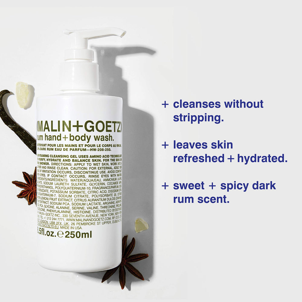 MALIN+GOETZ Rum Hand + Body Wash label close-up reveals fragrance notes