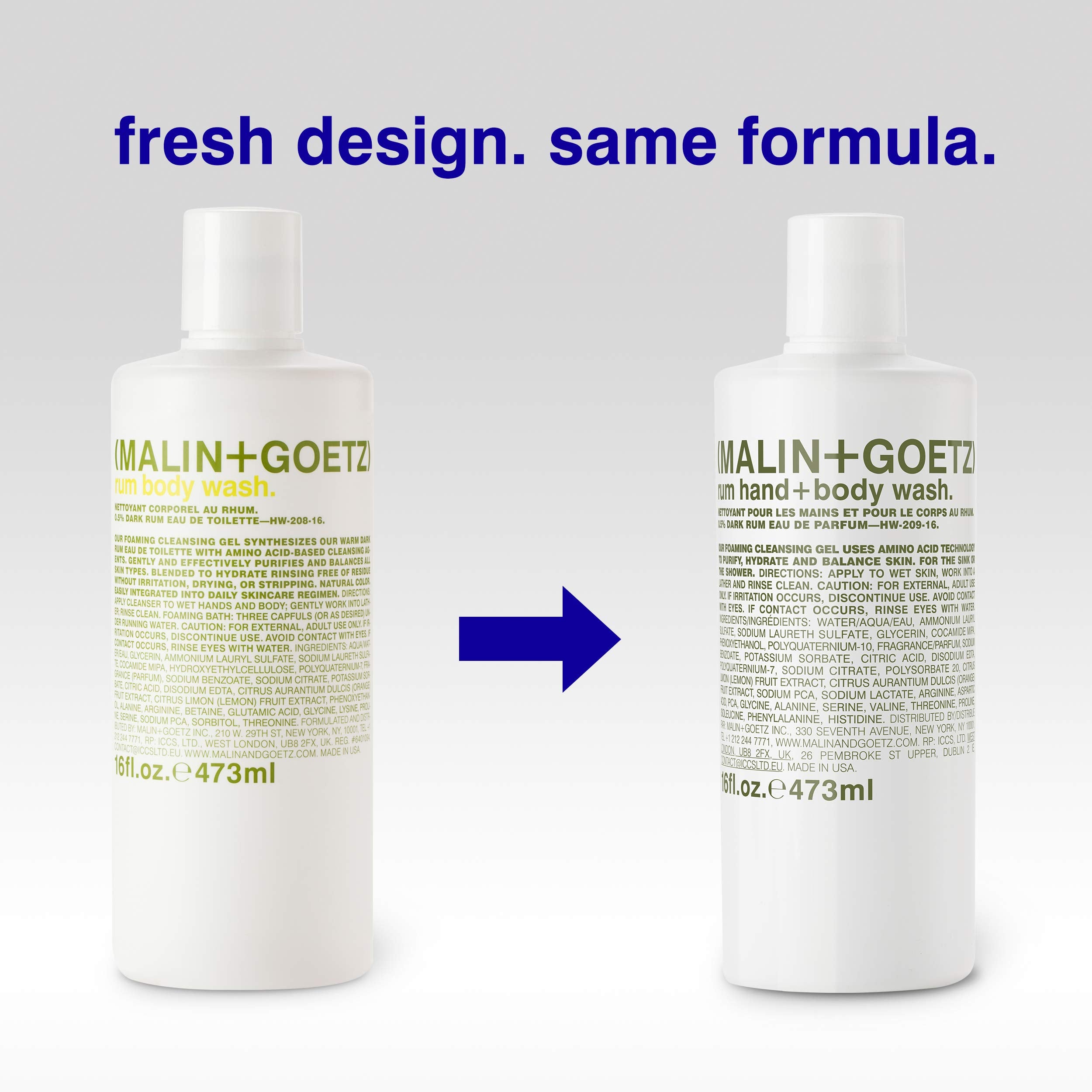 MALIN+GOETZ Rum Hand + Body Wash packaging features sleek minimalist design