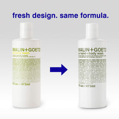 MALIN+GOETZ Rum Hand + Body Wash packaging features sleek minimalist design