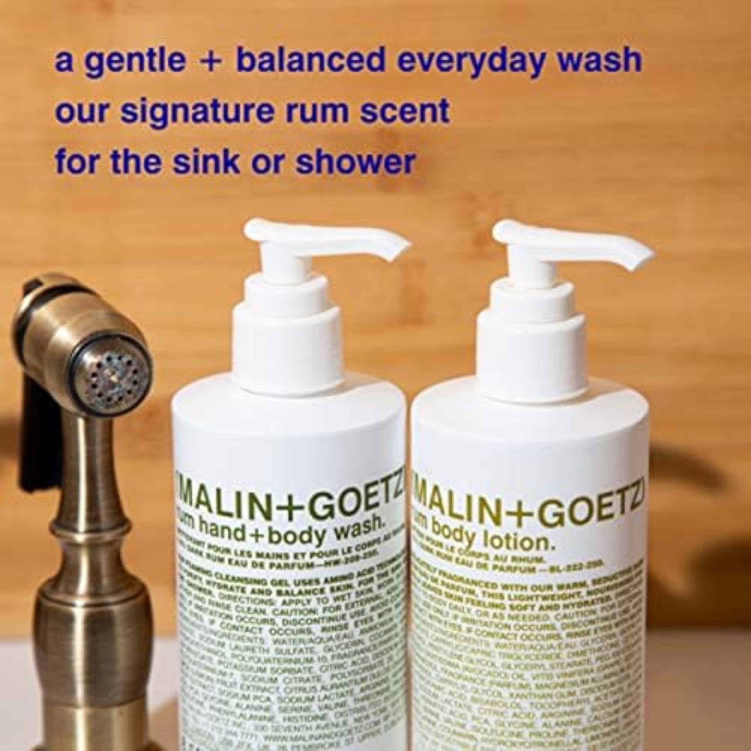 MALIN+GOETZ Rum Hand + Body Wash in shower setting suggests convenience for daily routines.