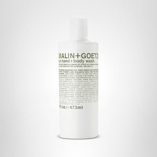 MALIN+GOETZ Rum Hand + Body Wash at sink with warm aroma lingering