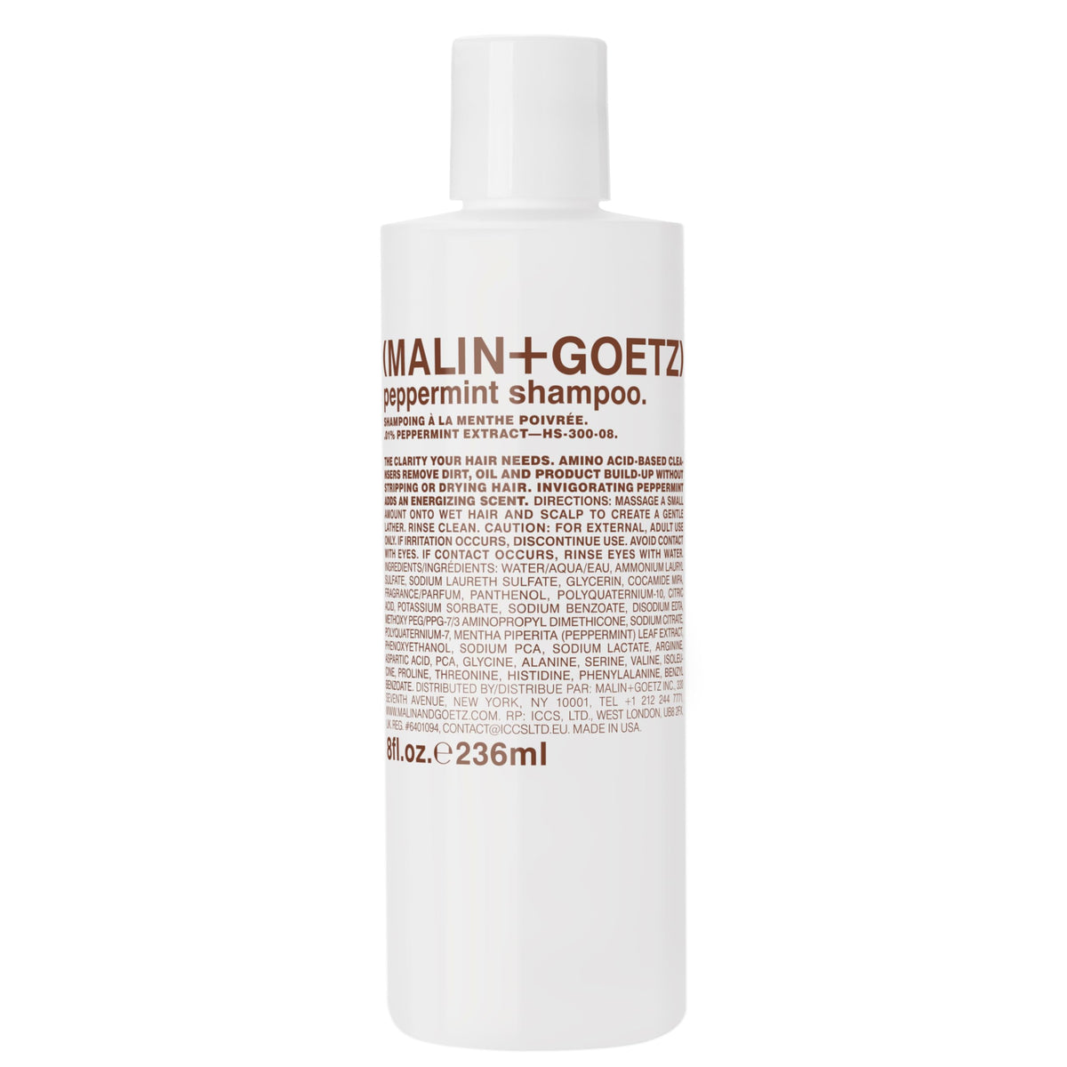 Malin + Goetz Shampoo Clarifying Peppermint bottle promotes a refreshing daily cleanse