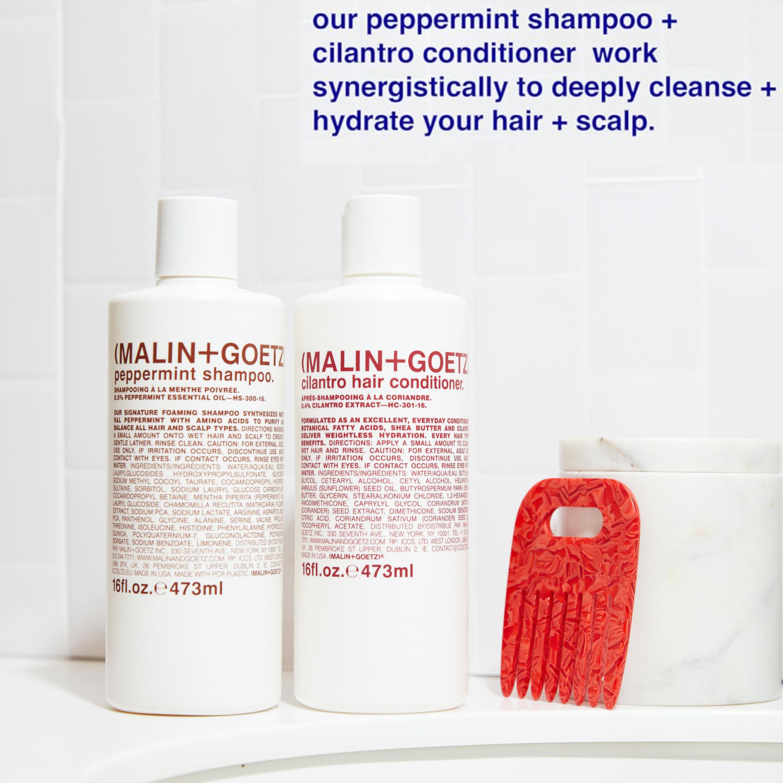 Malin + Goetz Shampoo Clarifying Peppermint daily-use image suggests balanced scalp and hair cleanse