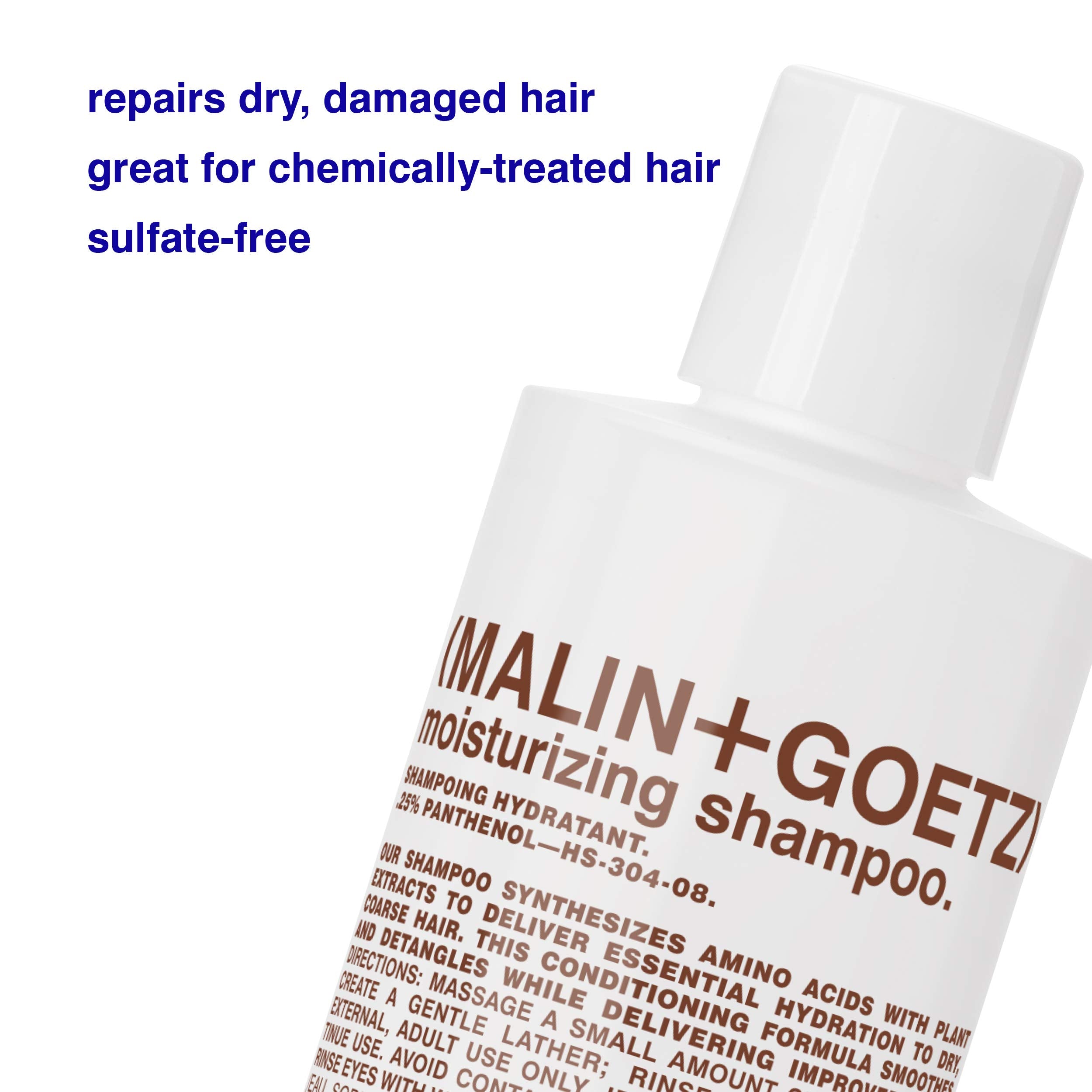 MALIN+GOETZ Shampoo daily-cleanse lather highlights gentle, sulfate-free nourishment for frizzy strands.