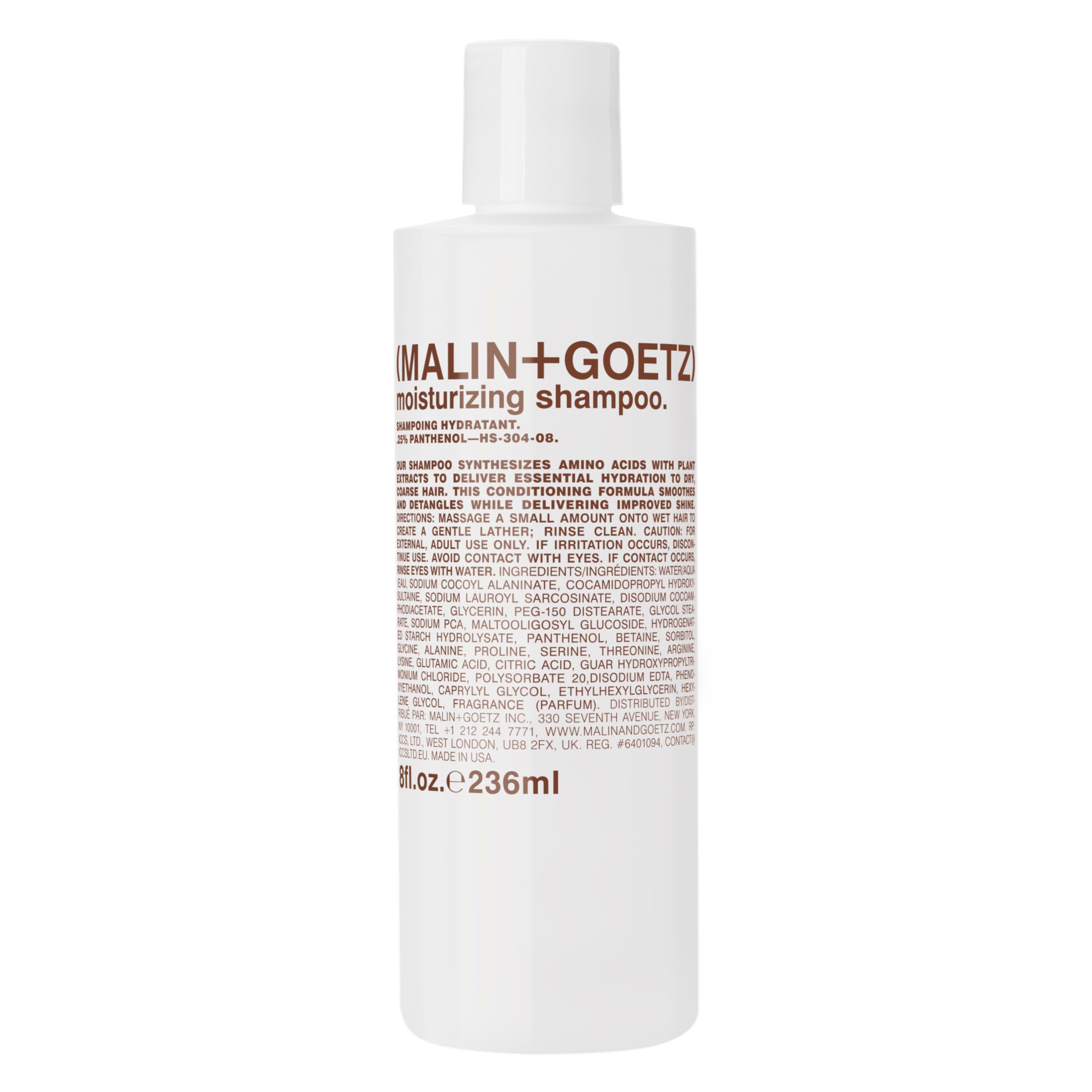 MALIN+GOETZ Hydrating Basil Shampoo bottle shows a daily cleanse that nourishes dry hair.