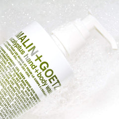 MALIN+GOETZ shower foam delivers aromatic cleanse without residue.