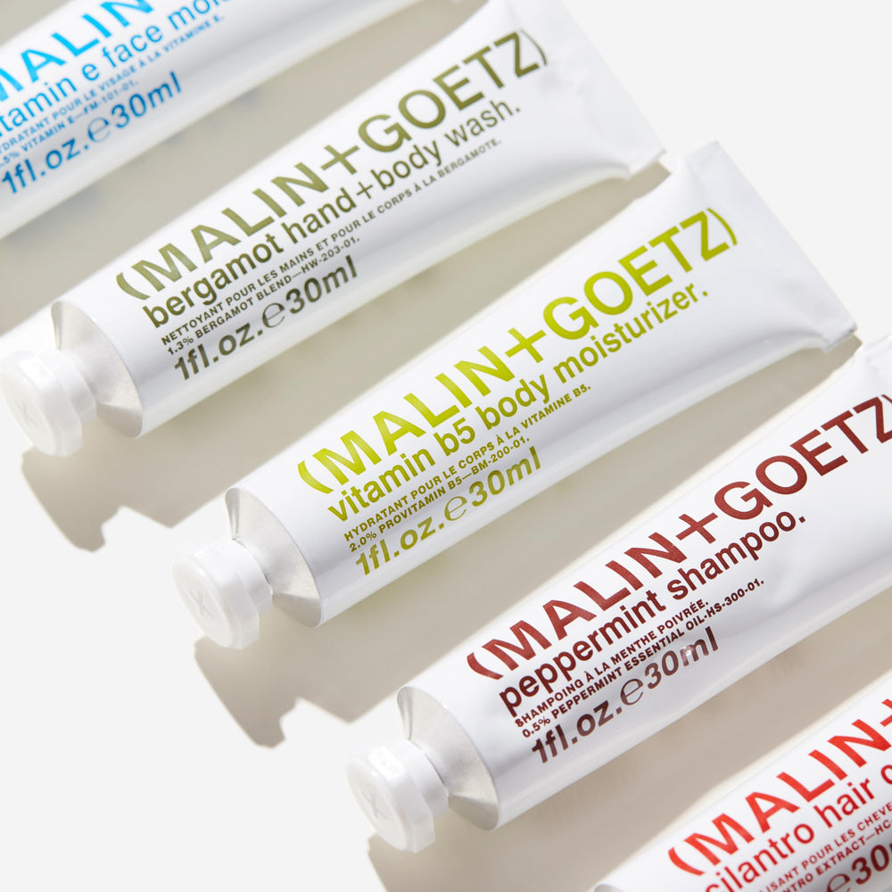 MALIN+GOETZ Travel kit packaging in recyclable aluminum tubes