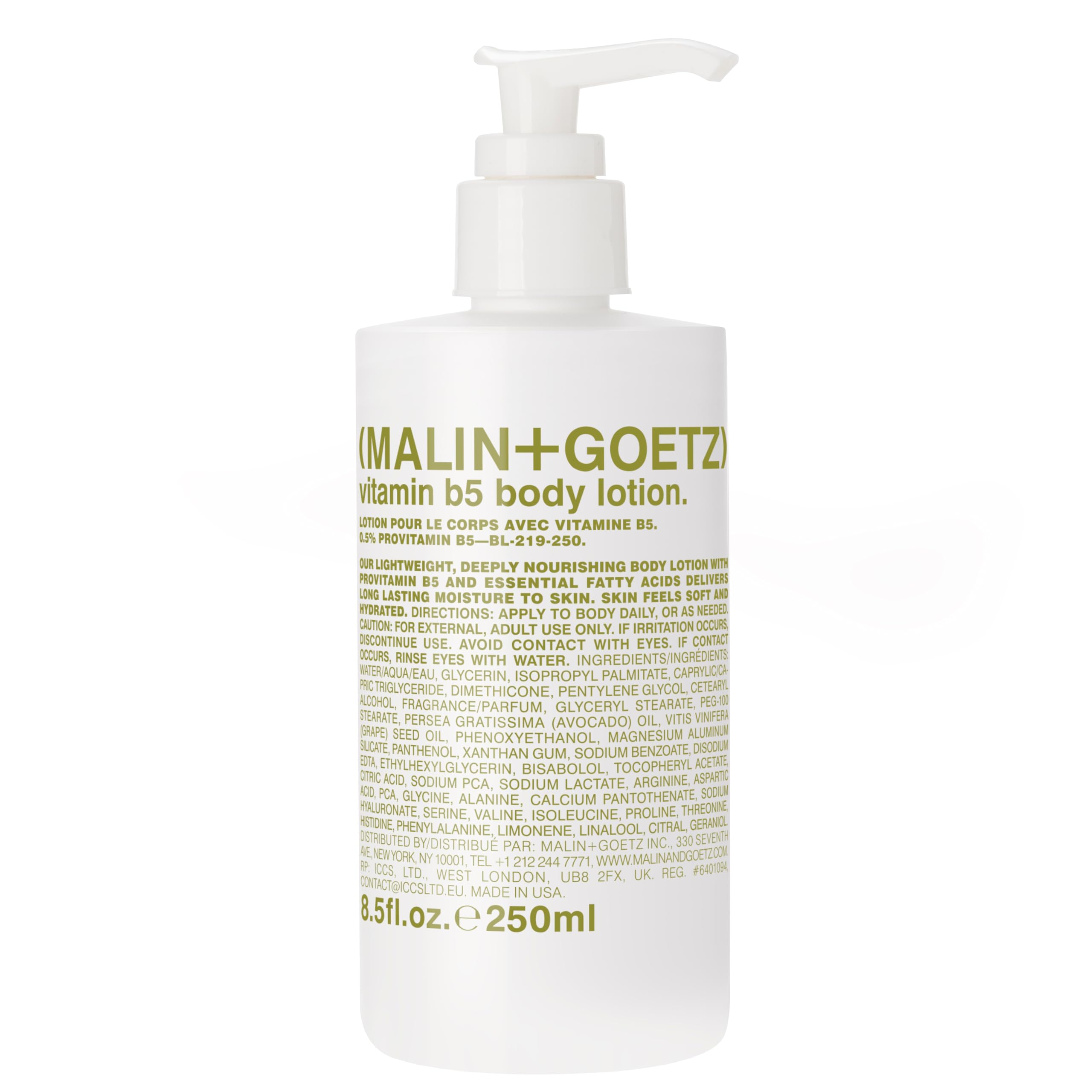 MALIN+GOETZ Vitamin B5 Body Lotion bottle and pump for quick hydration after shower.