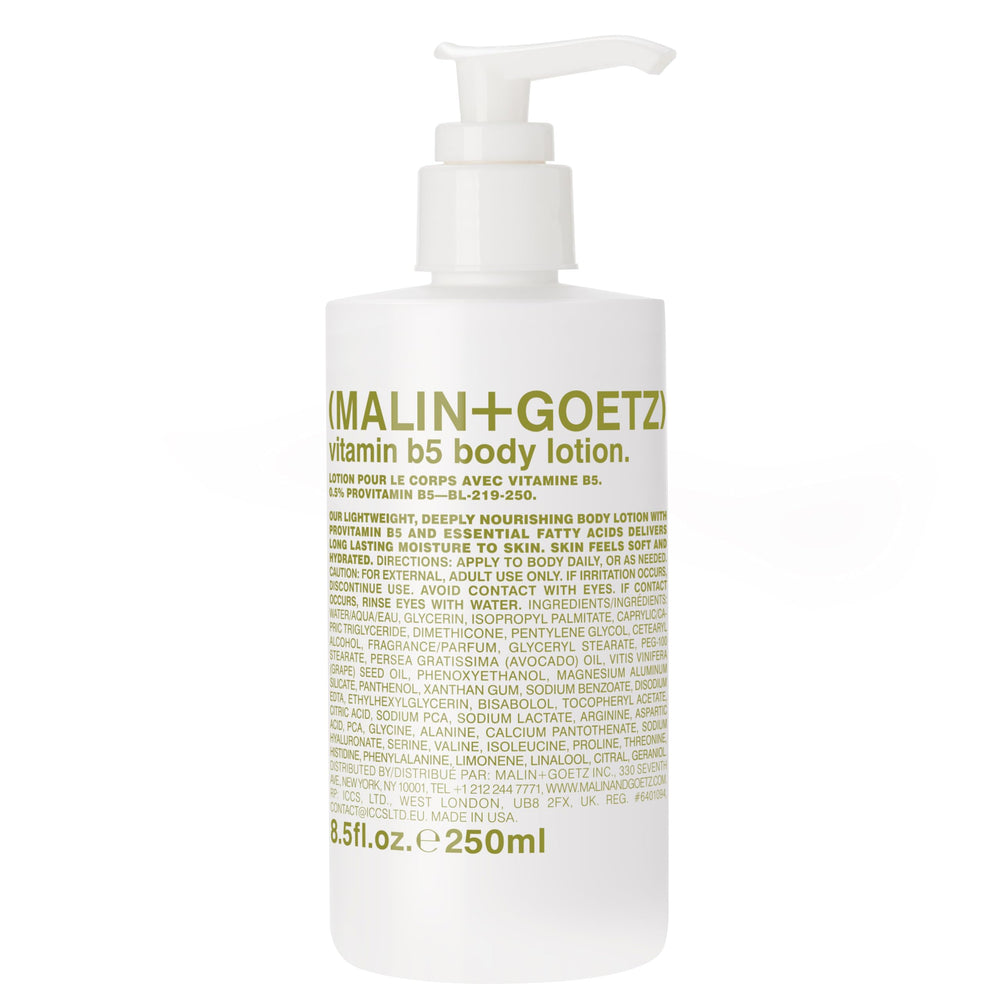 MALIN+GOETZ Vitamin B5 Body Lotion bottle and pump for quick hydration after shower.