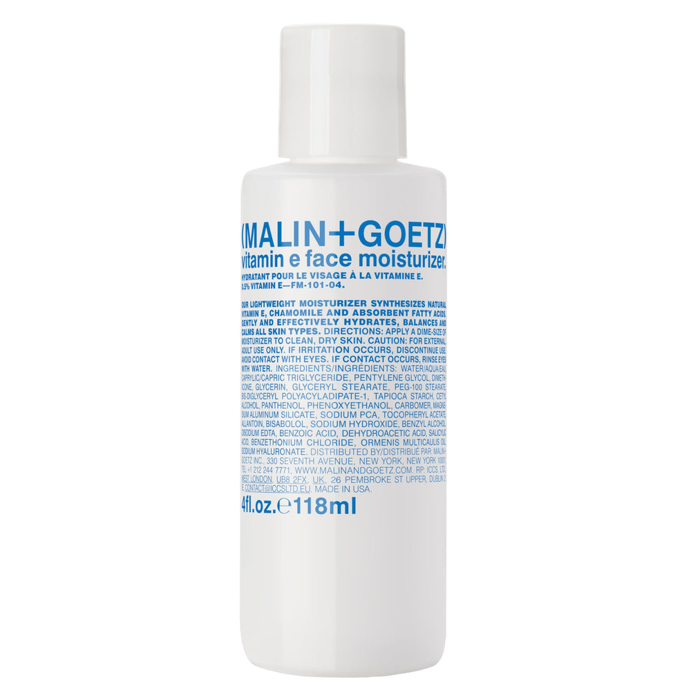 MALIN+GOETZ Vitamin E Face Moisturizer bottle close-up showing lightweight hydration