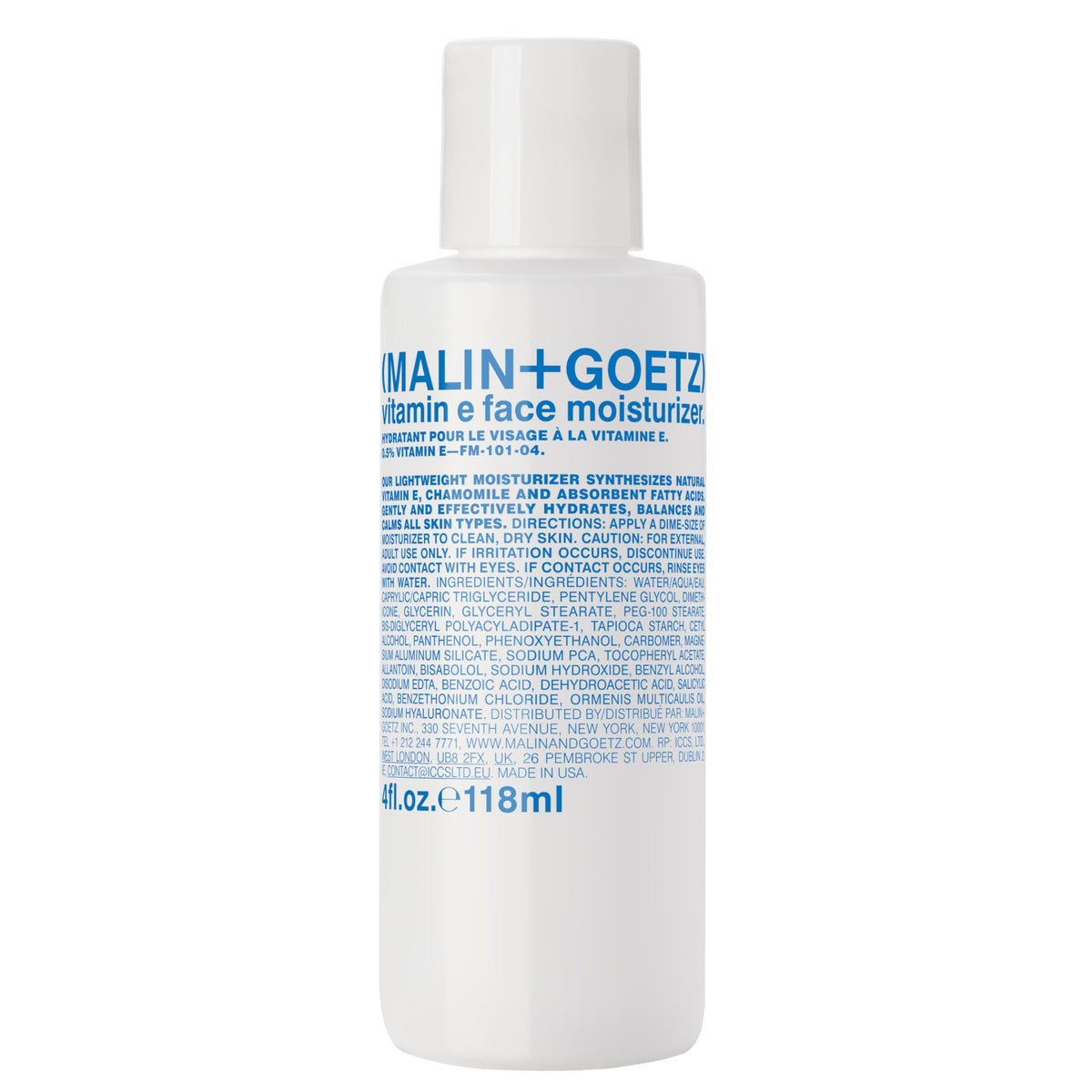MALIN+GOETZ Vitamin E Face Moisturizer bottle close-up showing lightweight hydration