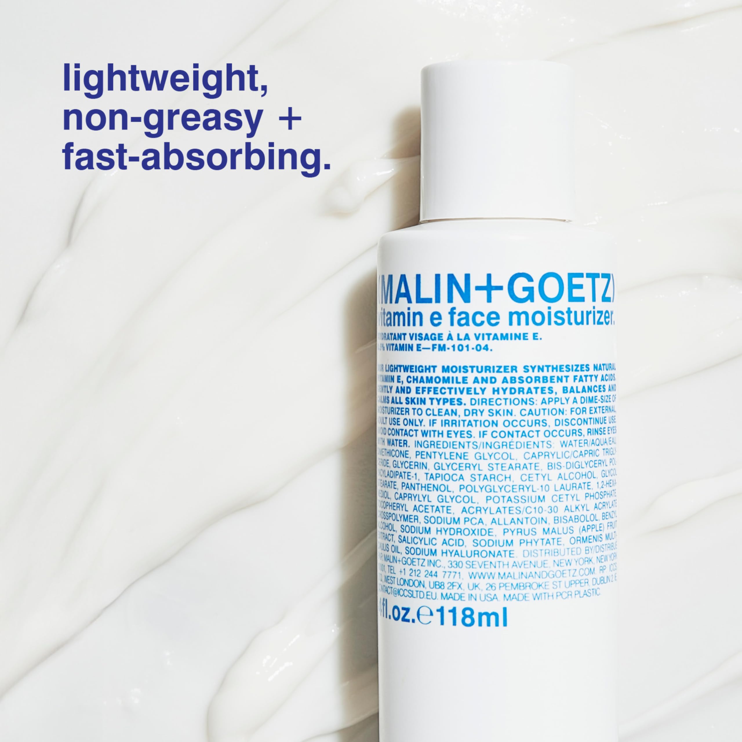 MALIN+GOETZ Vitamin E Face Moisturizer texture demonstrates quick absorption without shine