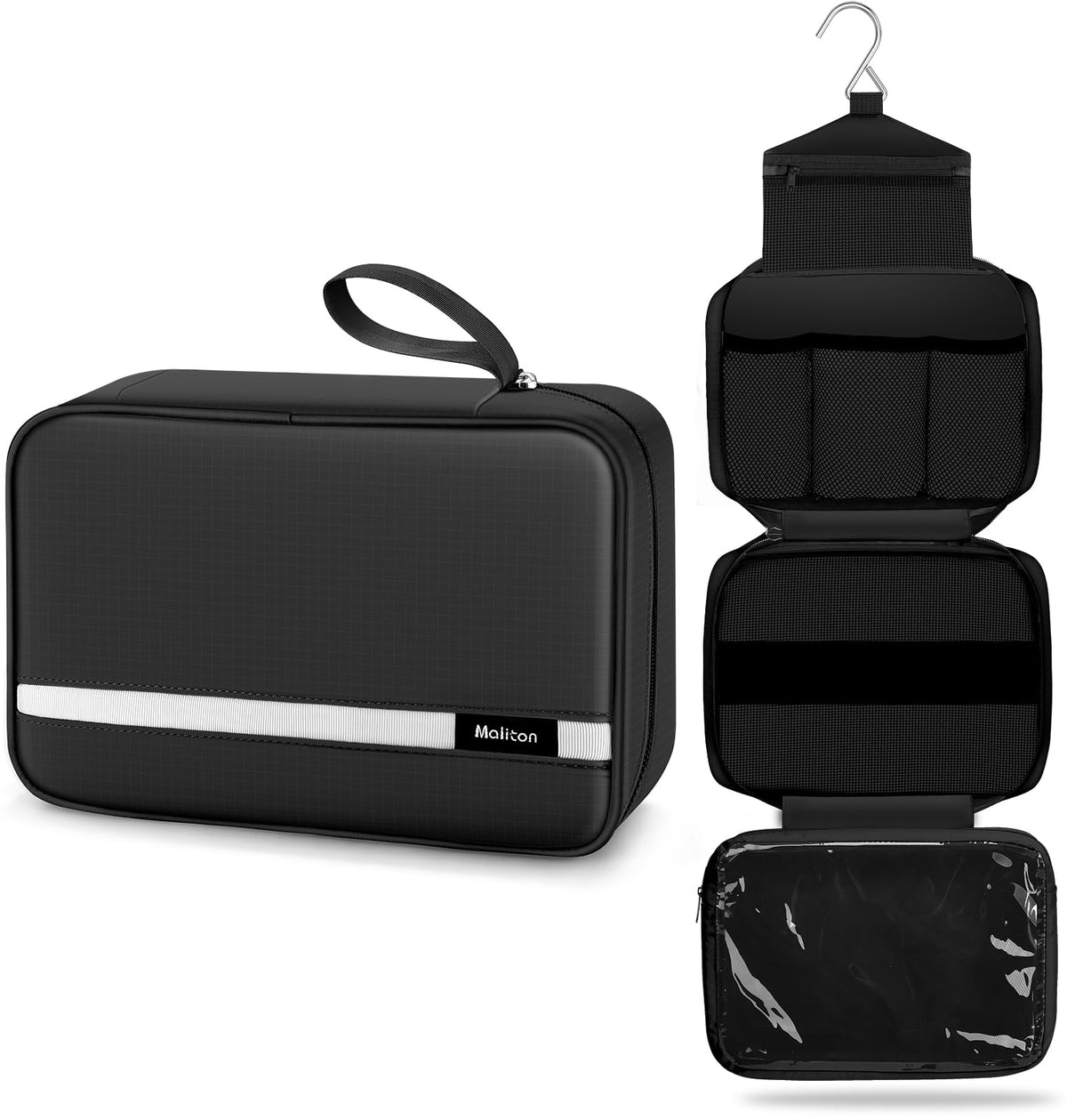 Maliton hanging toiletry bag open for easy access while traveling.