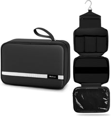 Maliton hanging toiletry bag open for easy access while traveling.