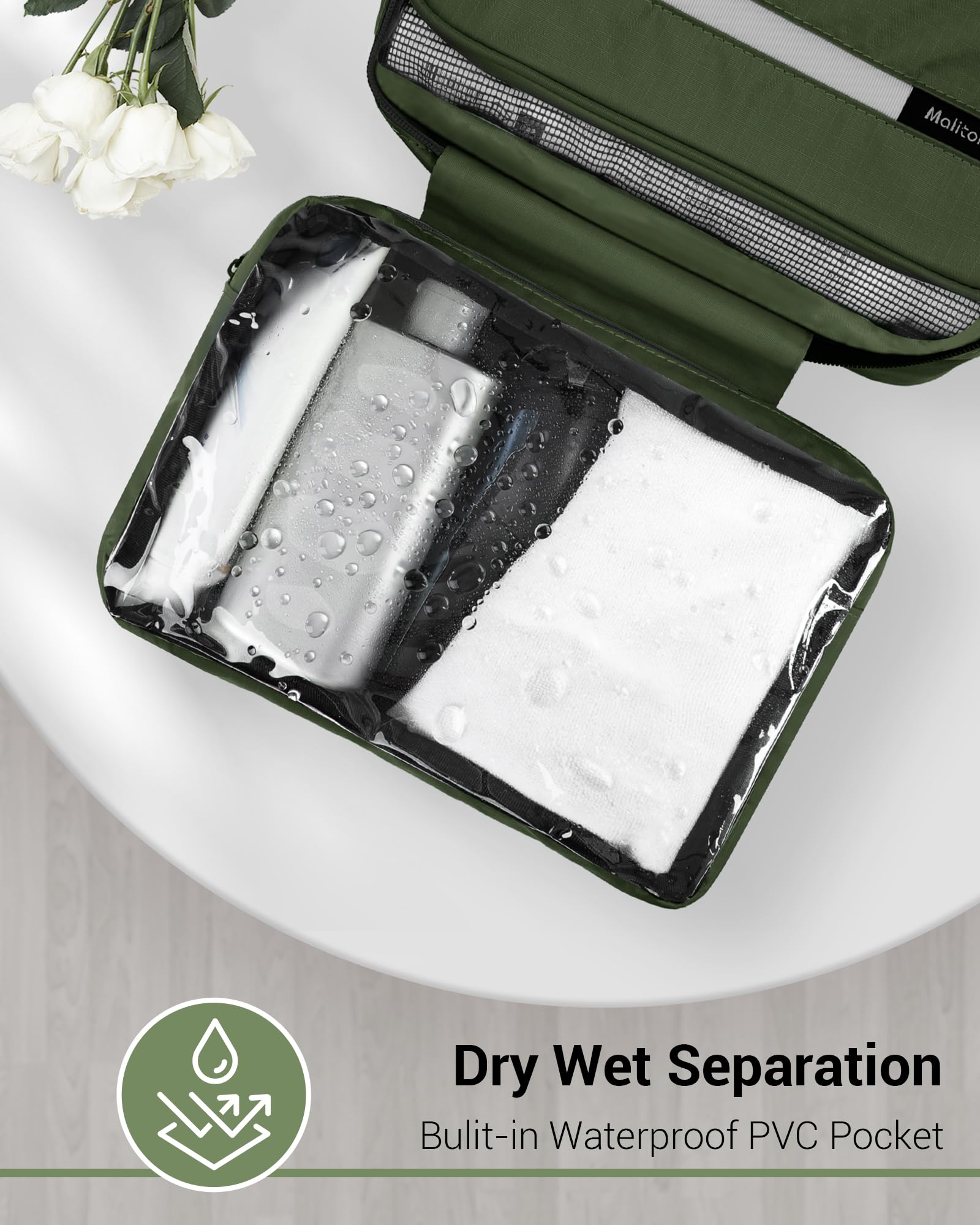 Maliton Toiletry Bag elastic-bottle-loops keep bottles secure during transit.