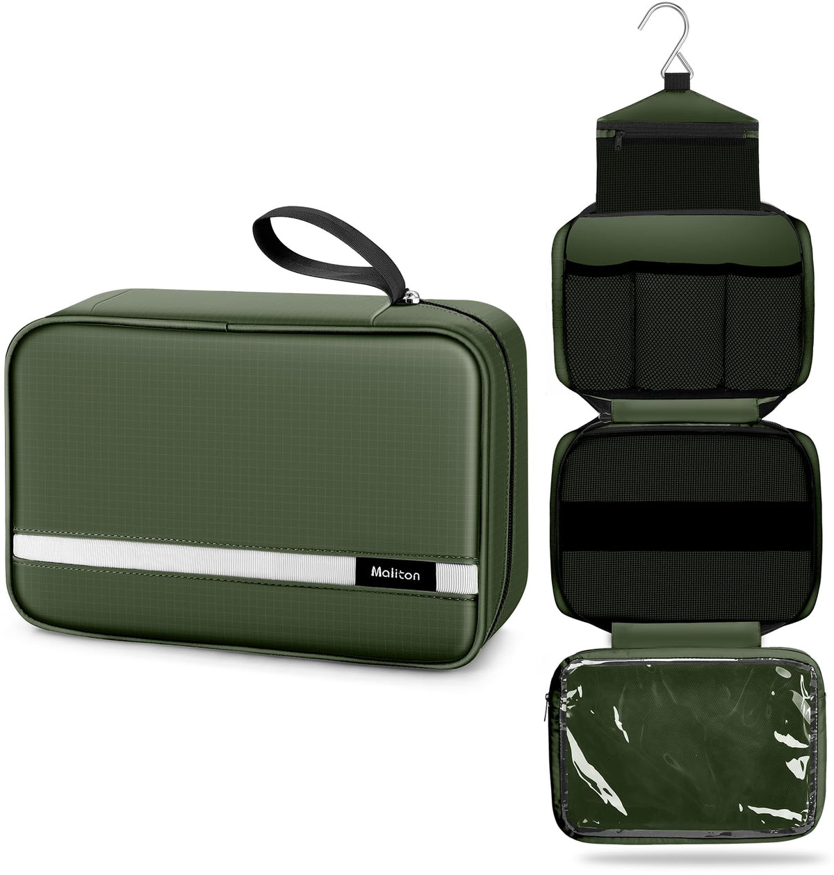 Maliton Toiletry Bag hanging-hook design for easy access while traveling.