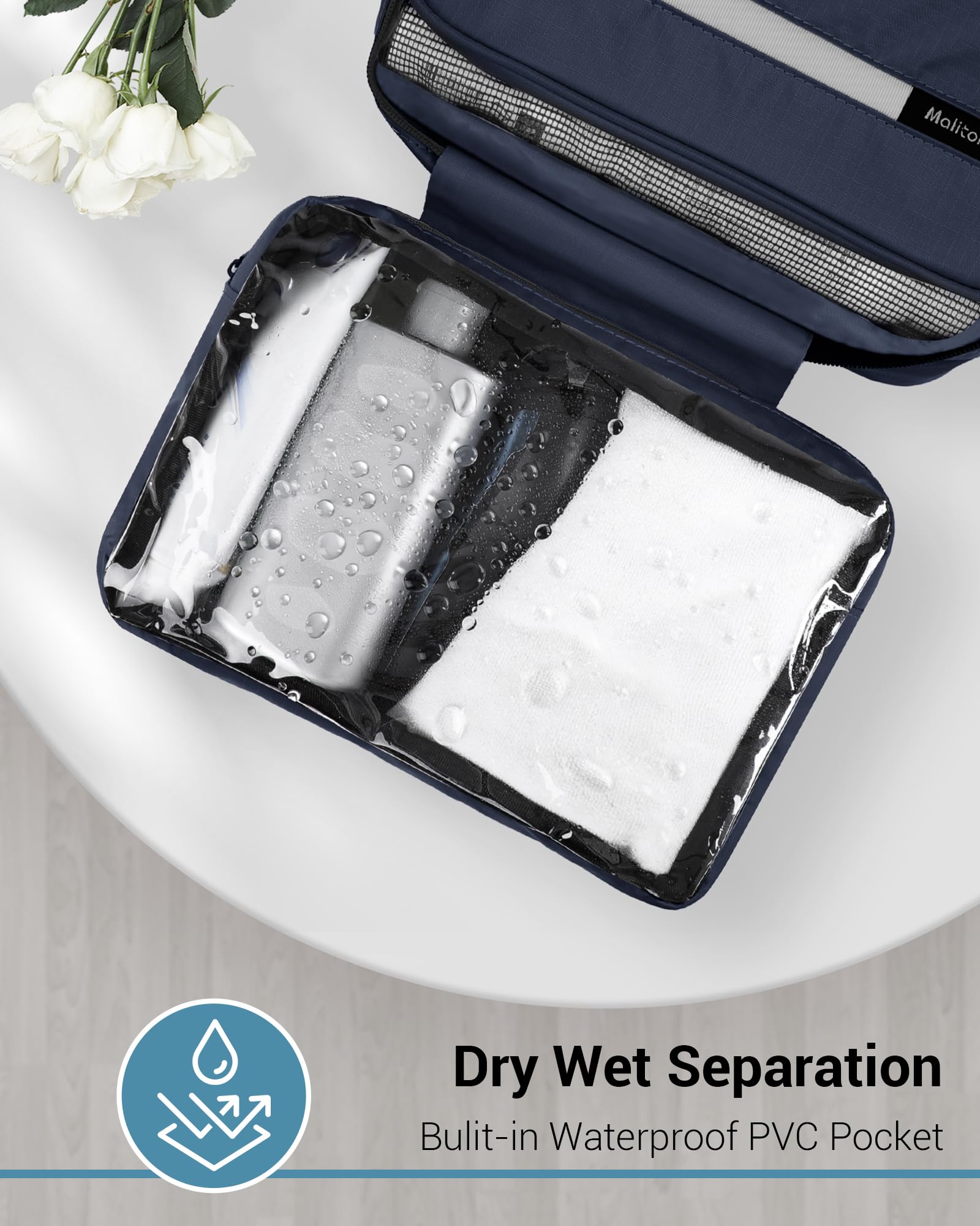Maliton bag mesh pocket and clear pocket organize makeup and hygiene items visibly.
