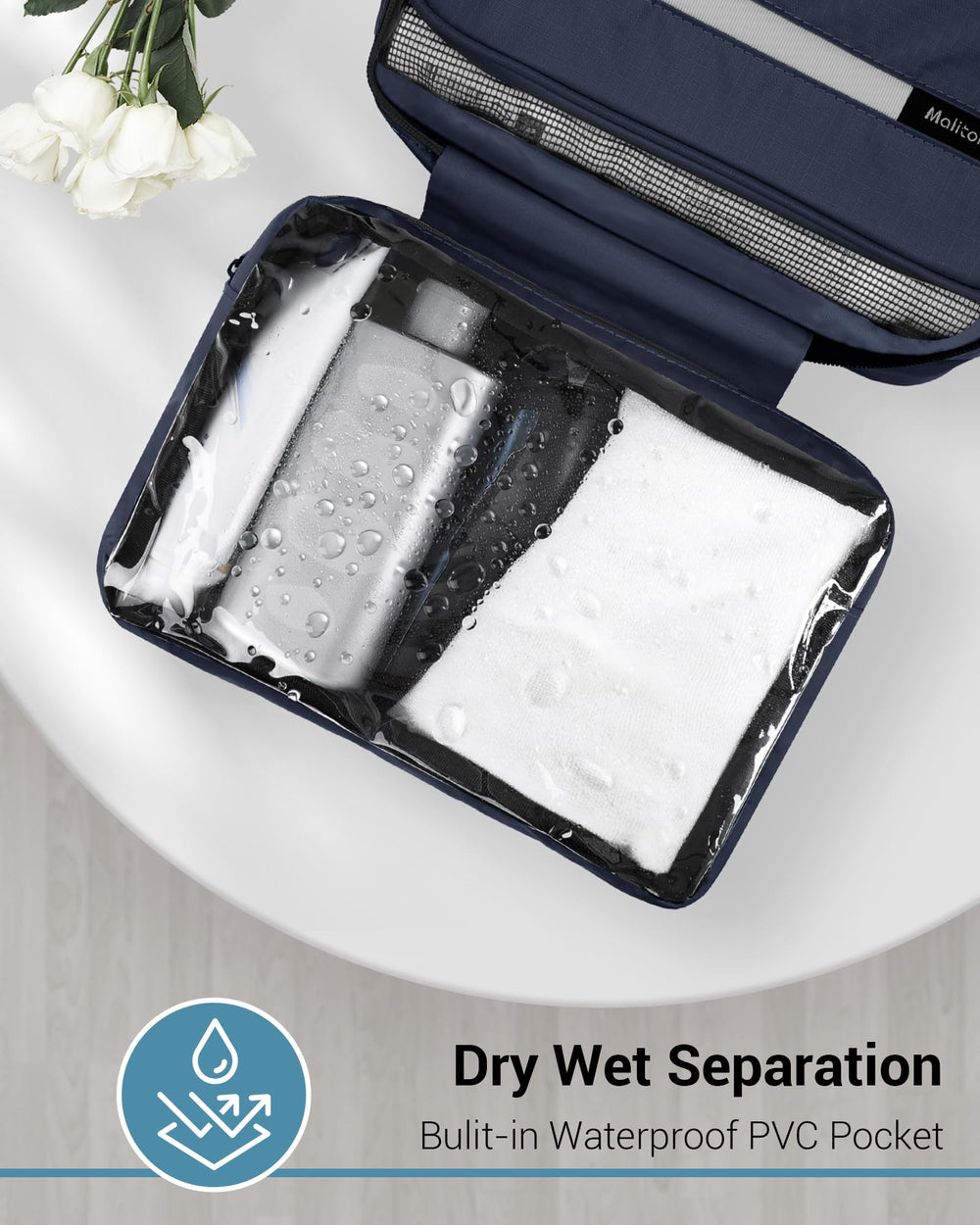 Maliton bag mesh pocket and clear pocket organize makeup and hygiene items visibly.