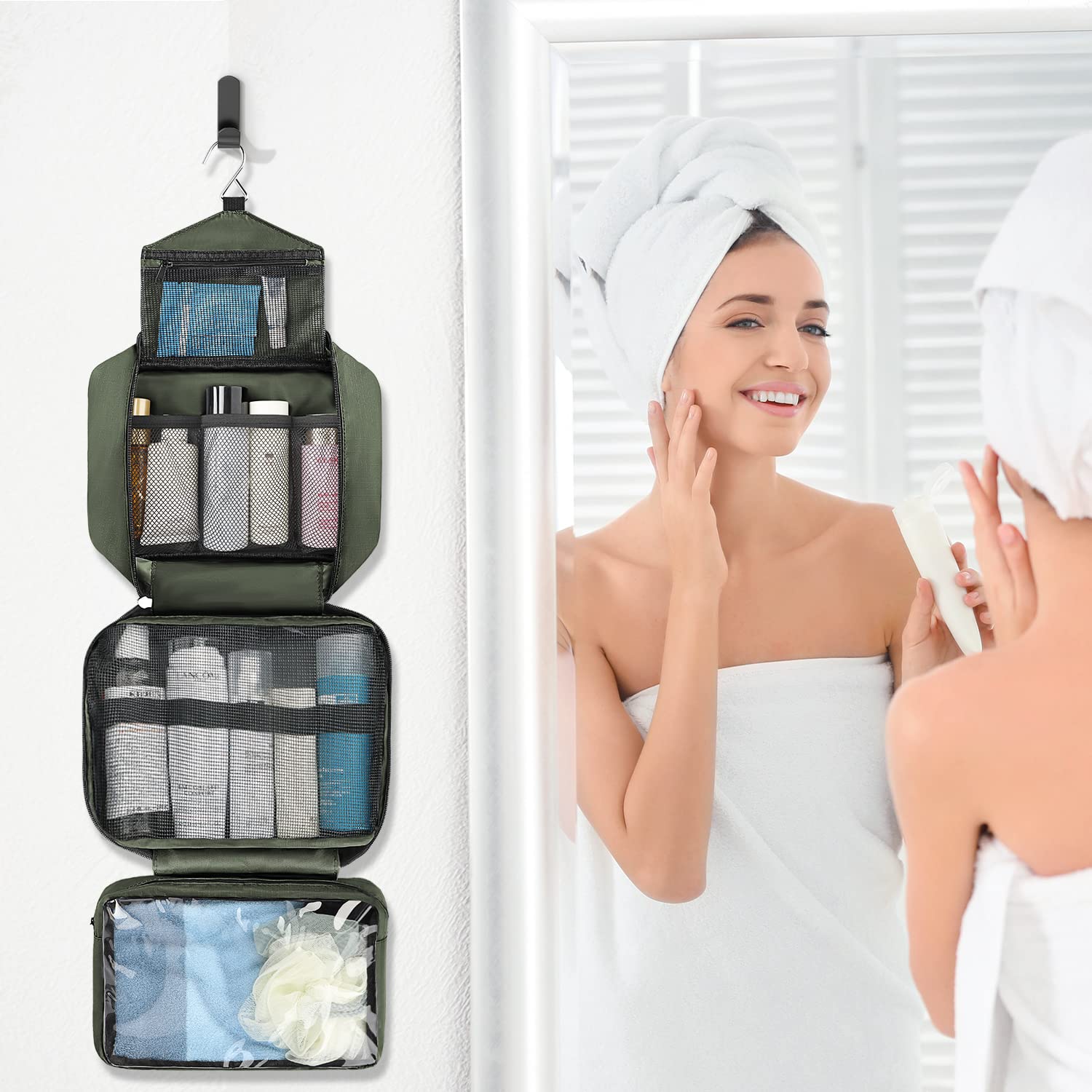 Maliton Toiletry Bag olive-green design adds subtle color to your travel kit.