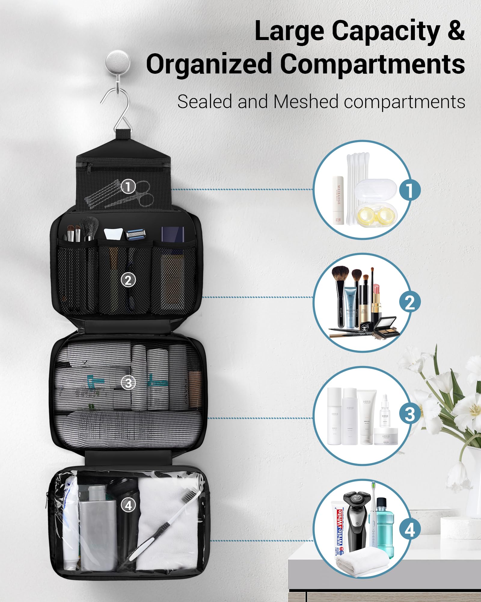 Maliton toiletry bag organized compartments preserving cosmetics and essentials.