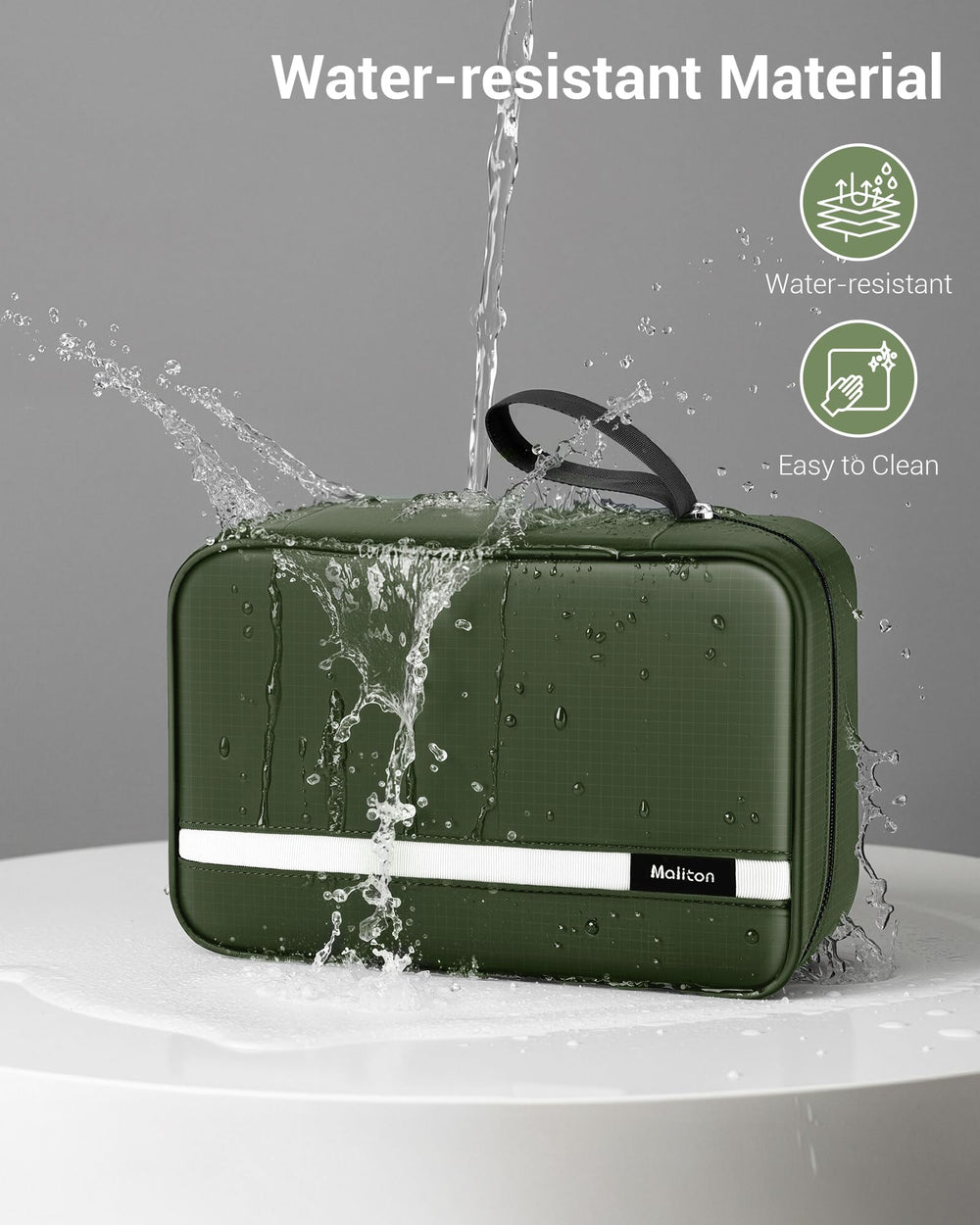 Maliton Toiletry Bag ventilated-pocket helps separate damp items after showers.