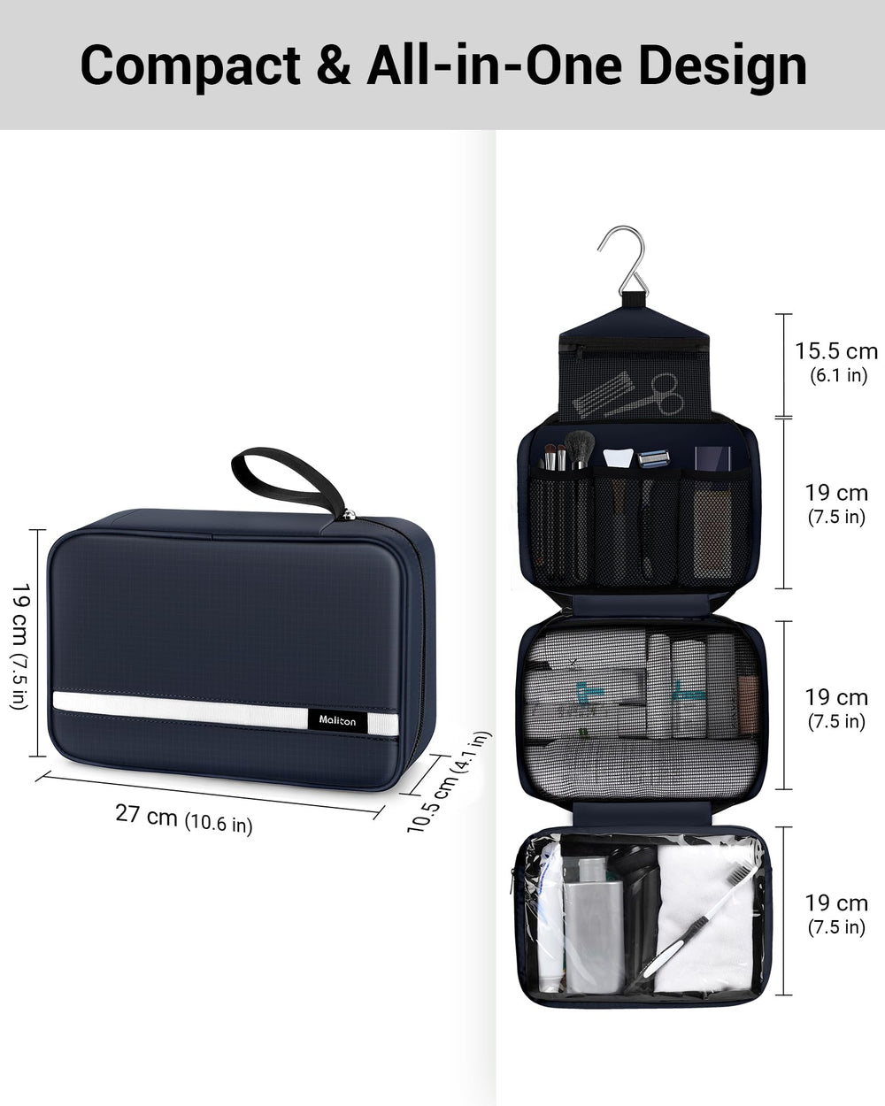Maliton toiletry bag ventilated pocket helps quick drying of damp items during trips.