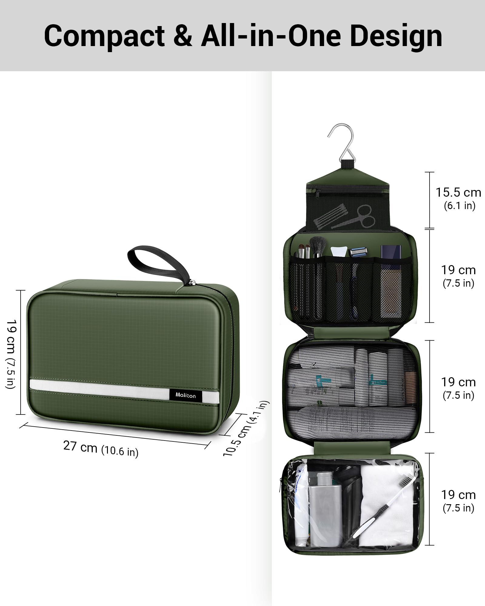 Maliton Toiletry Bag waterproof-nylon protects contents during travel and wet conditions.